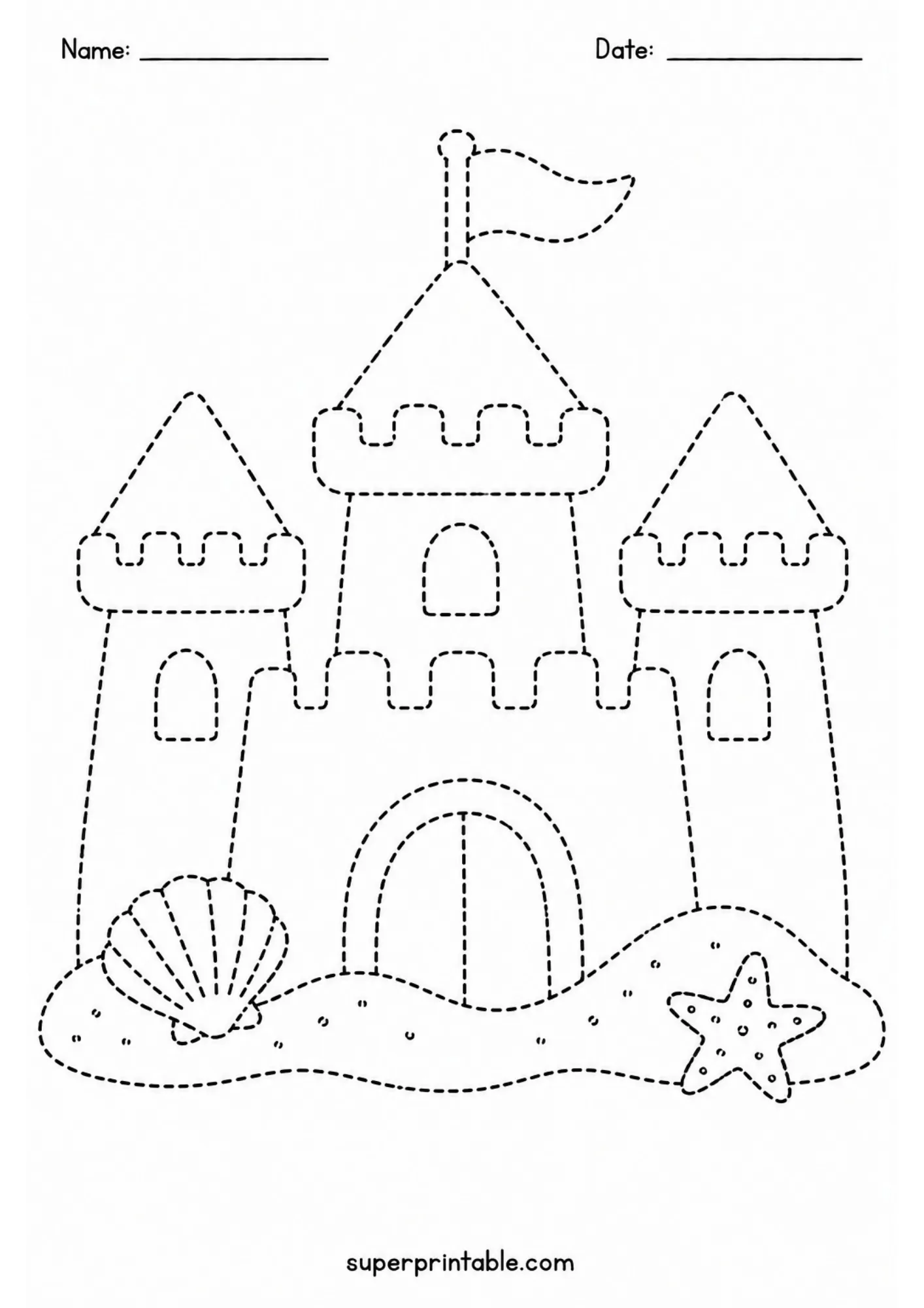 Sandcastle sea shells beach worksheets tracing page with starfish and ocean sand.