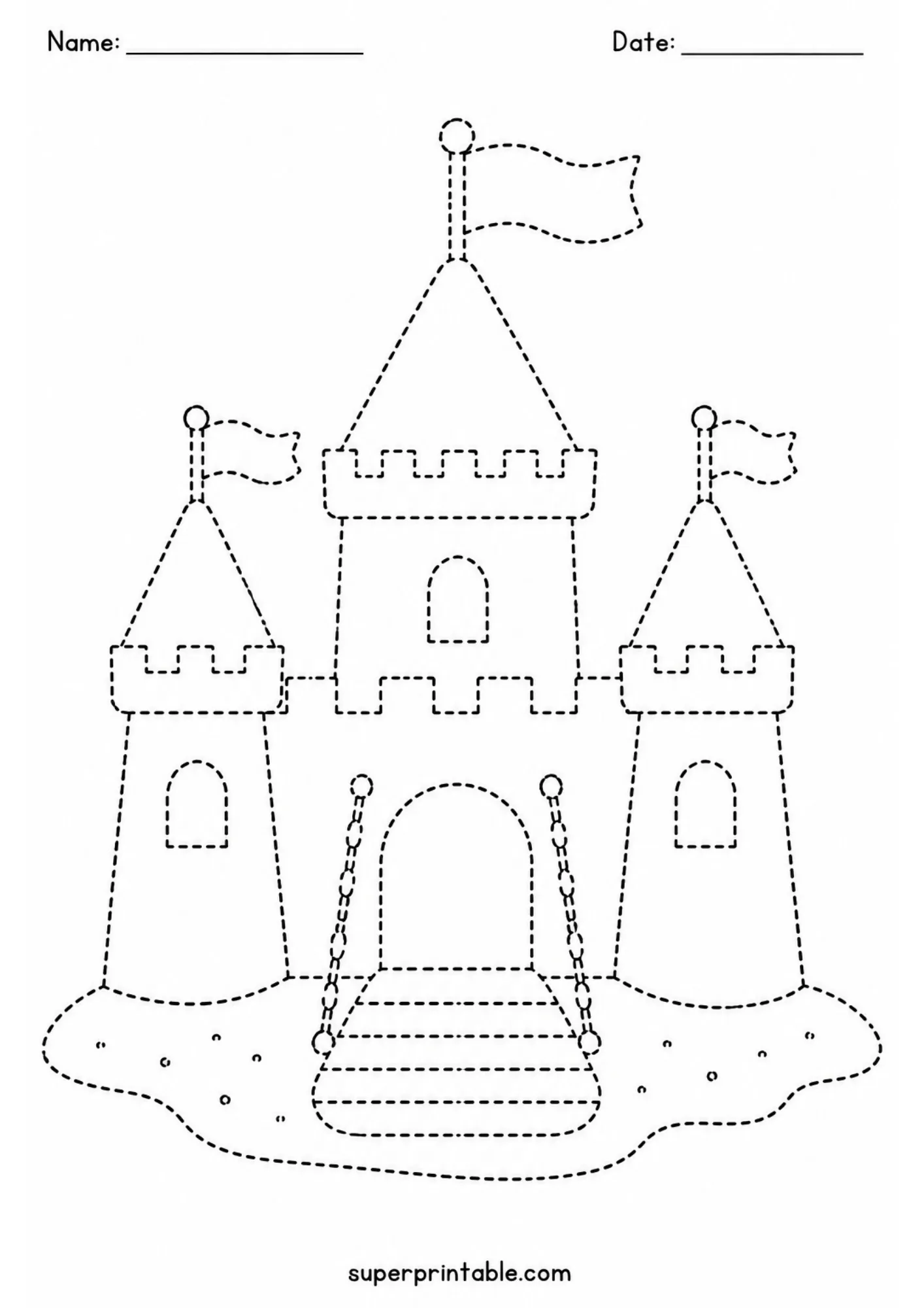 Detailed sandcastle line tracing worksheet with towers and waving flags for elementary kids.