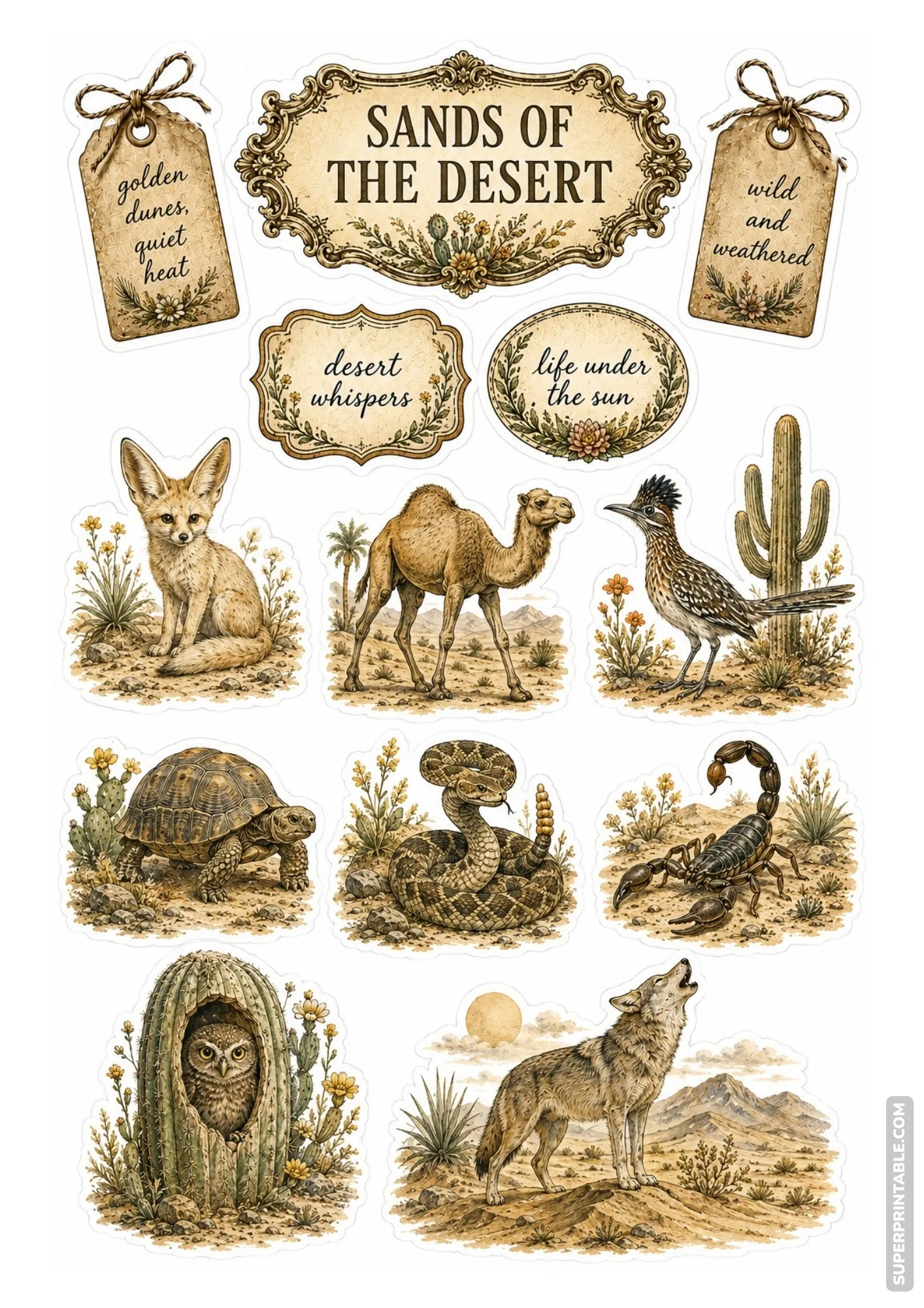 Desert wildlife sticker sheet featuring vintage fennec foxes, camels, coyotes, and cacti.