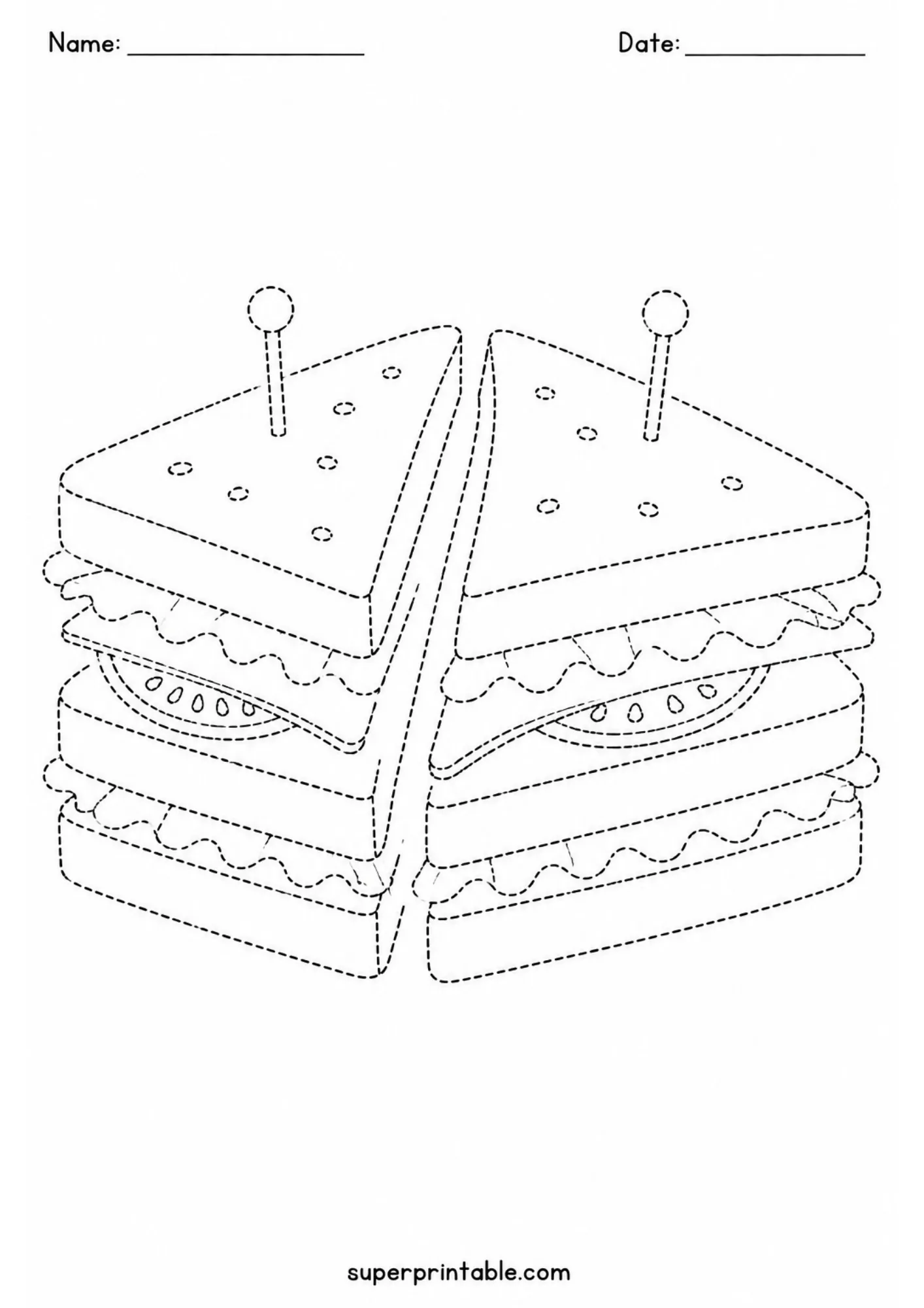 Tracing worksheet showing two triangular sandwich halves with toothpicks for pre-k practice.