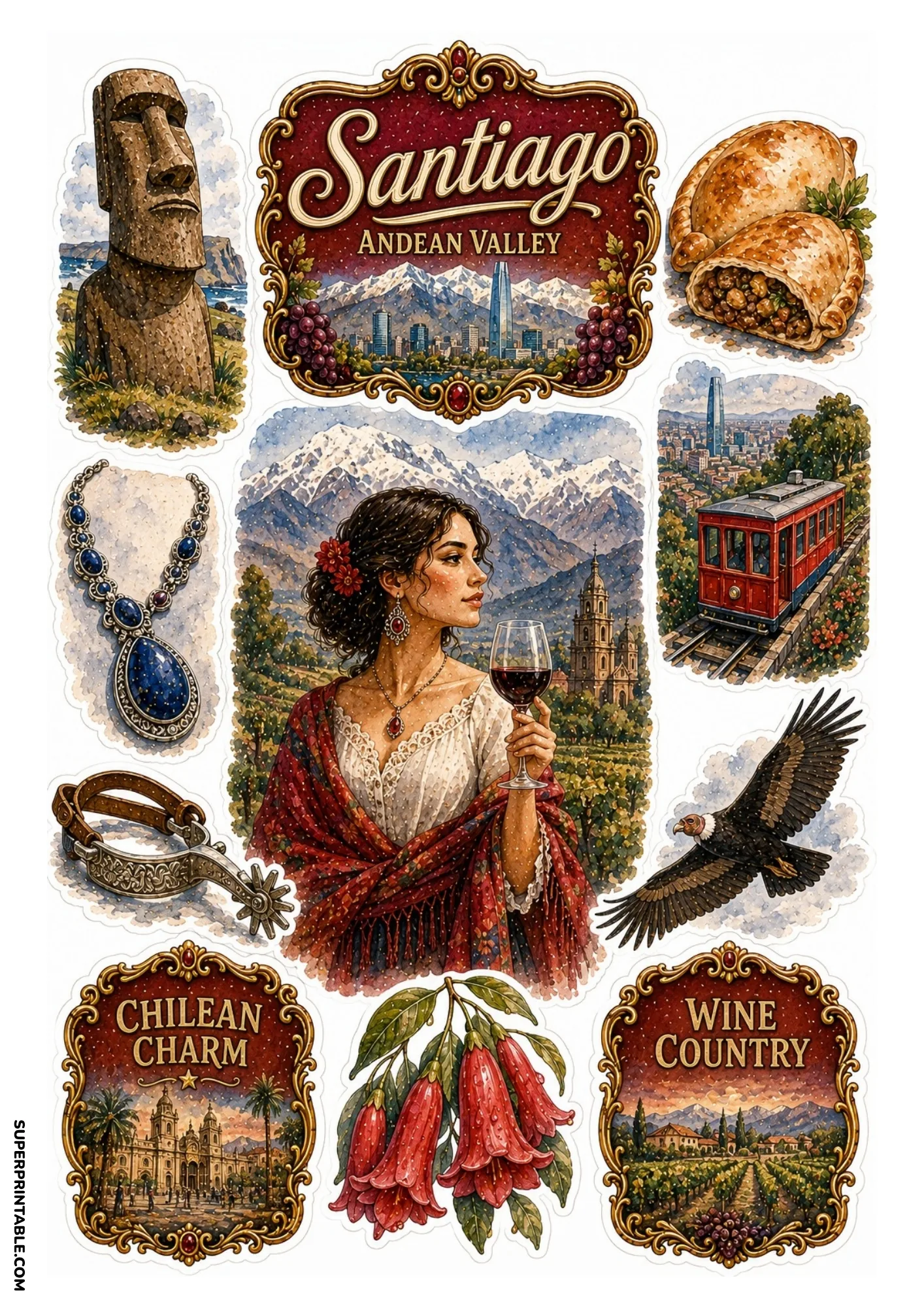 Santiago Chile sticker sheet showing Andes mountains, condor, and Chilean empanadas