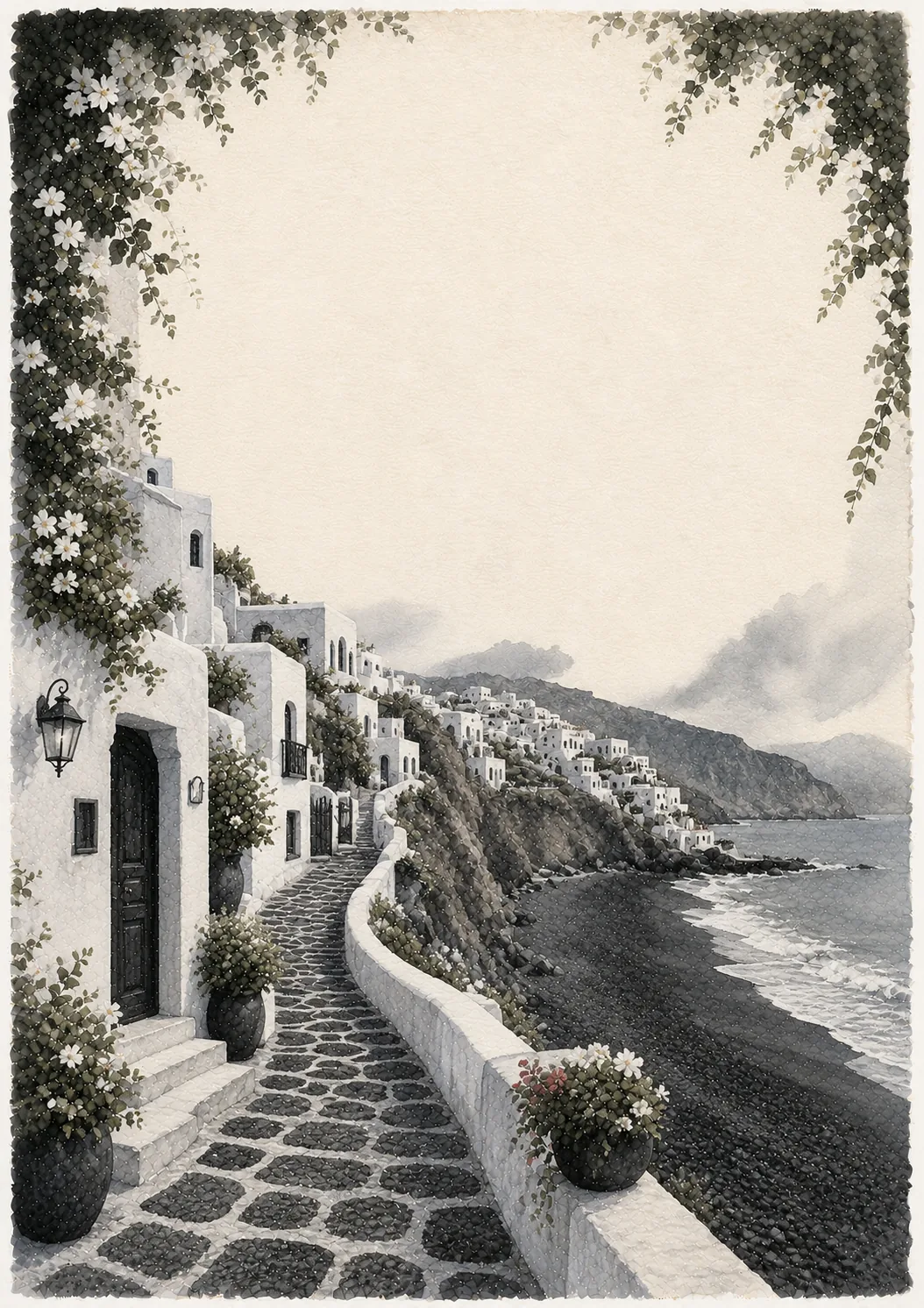 Muted monochrome coastal path running alongside white buildings and a dark volcanic black sand beach.