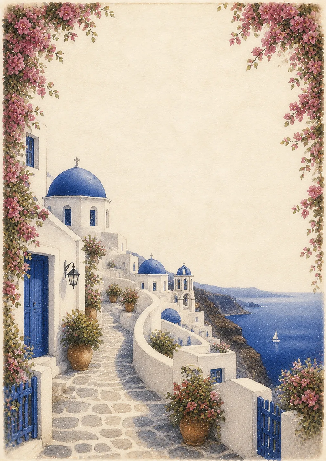 Watercolor santorini greece border pages featuring a blue dome church and pink flowers.