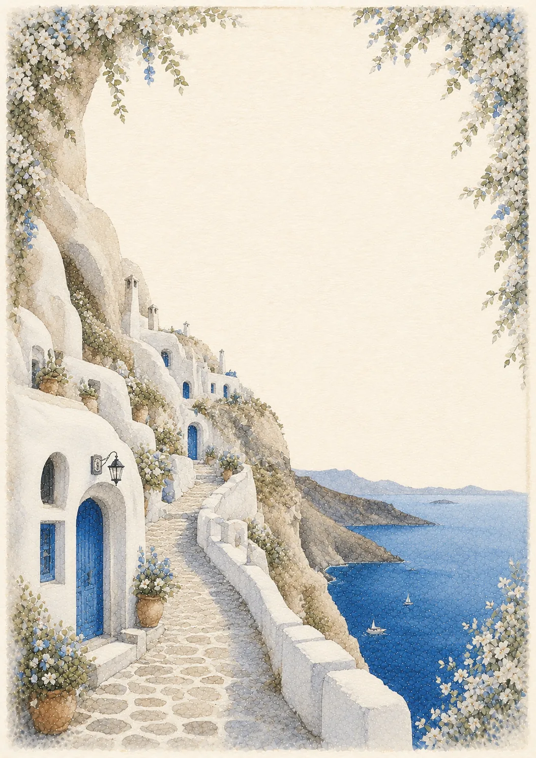 White cliffside cave dwellings overlooking the deep blue sea with delicate white floral vines around border.