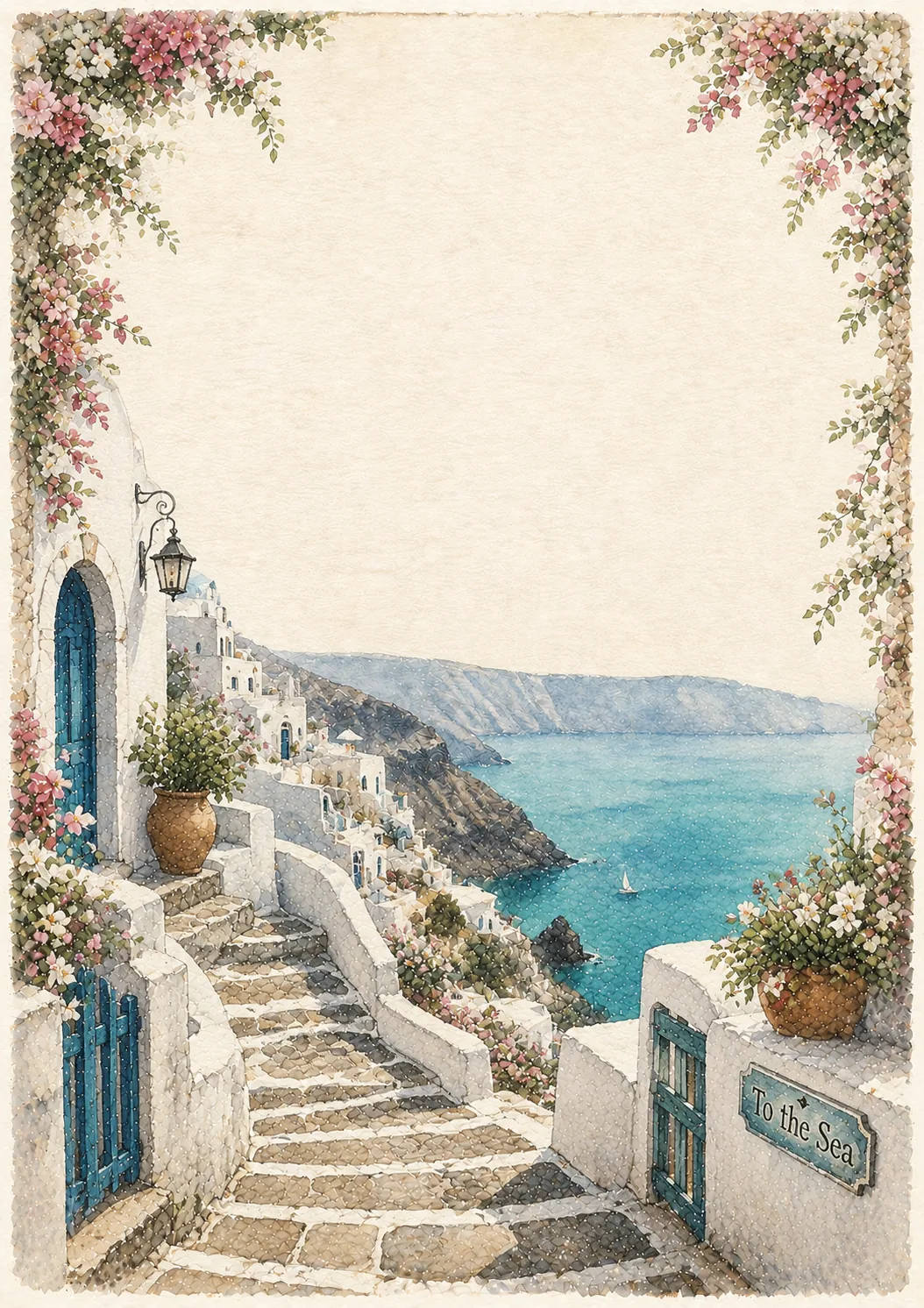 Stone staircase lined with pink flowers descending toward a turquoise sea with a sign reading To the Sea.