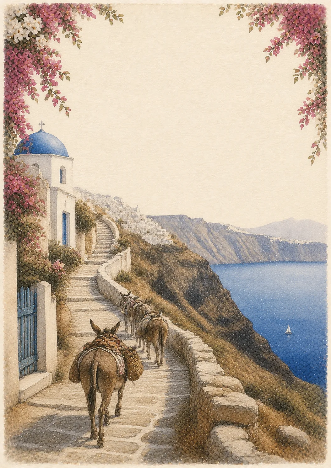 Line of pack donkeys trekking up a scenic cliffside stone pathway above the ocean in Santorini Greece.