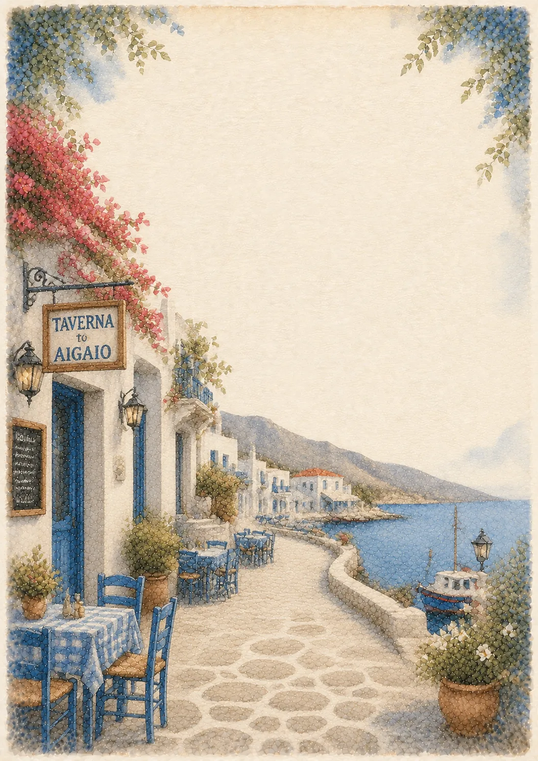 Seaside Greek taverna patio with blue wooden chairs, outdoor tables, and a small fishing boat anchored nearby.