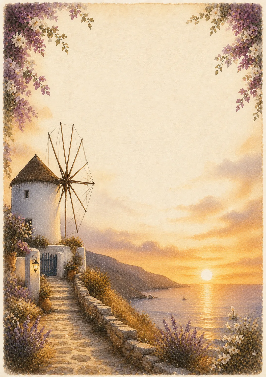 Traditional white windmill situated on a cliff during a warm golden sunset over the Aegean sea.