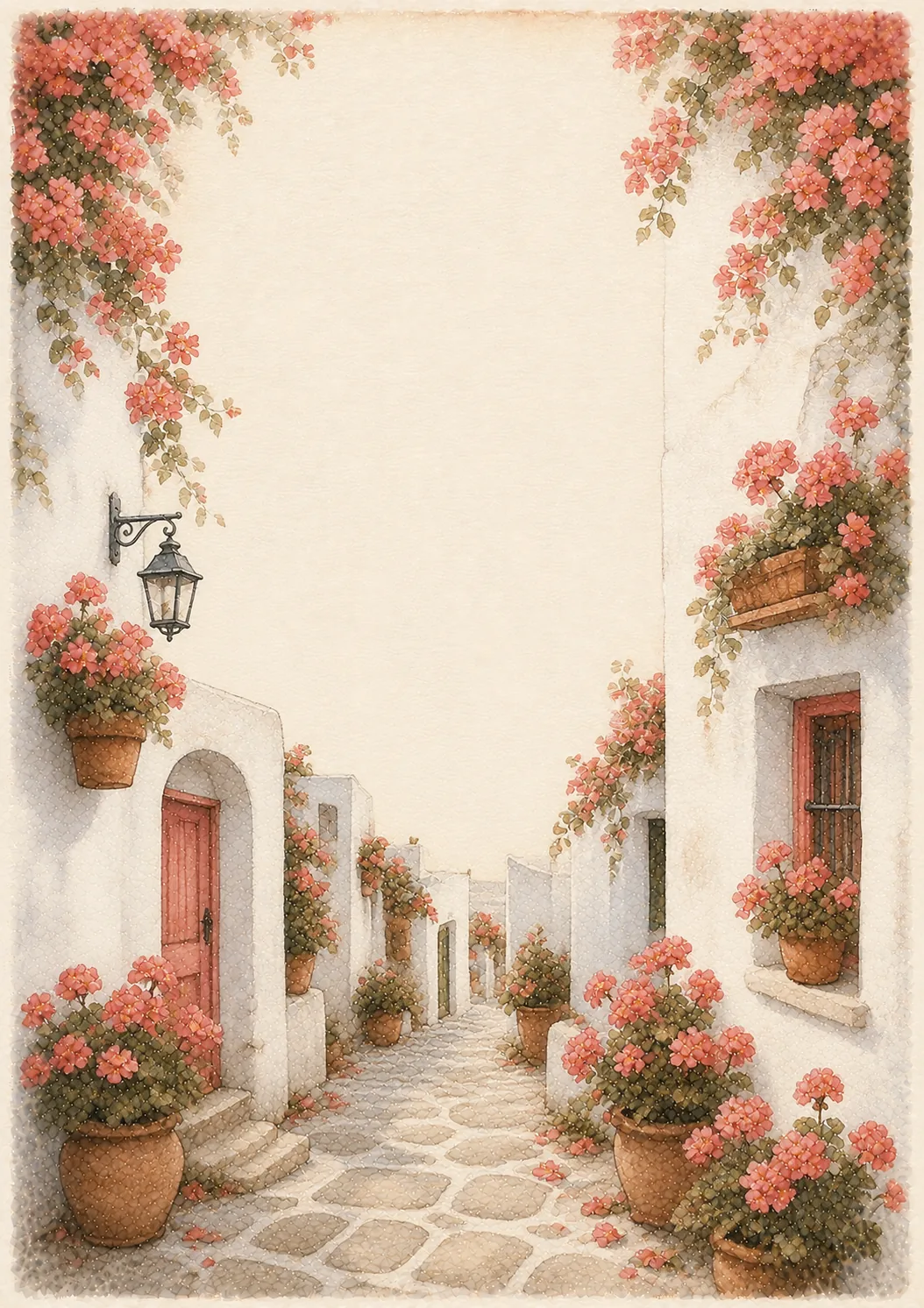 Cobblestone village pathway lined with terracotta pots of blooming pink geranium flowers.