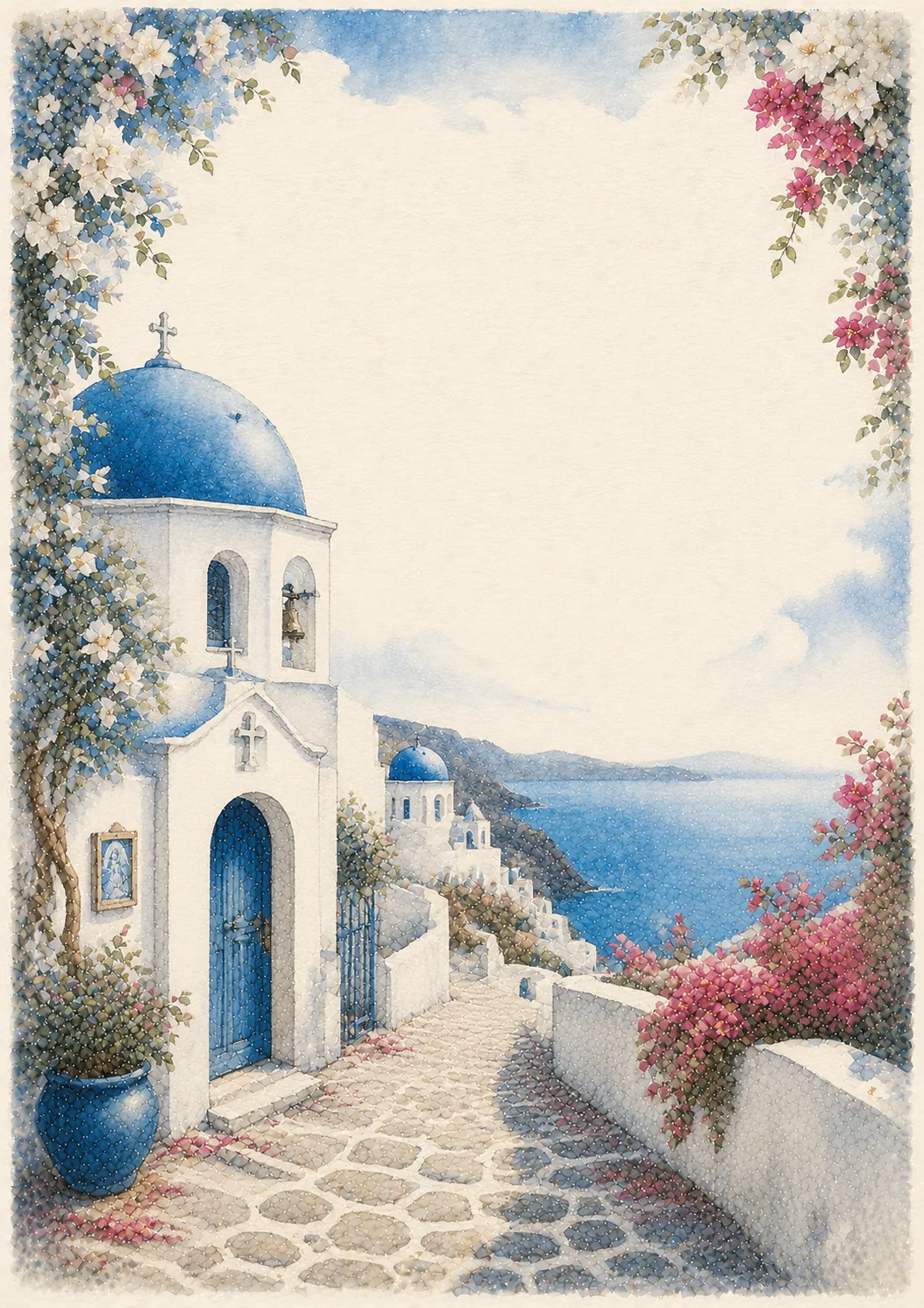 Whitewashed Greek chapel with a bell tower overlooking a calm blue ocean with floral frame borders.