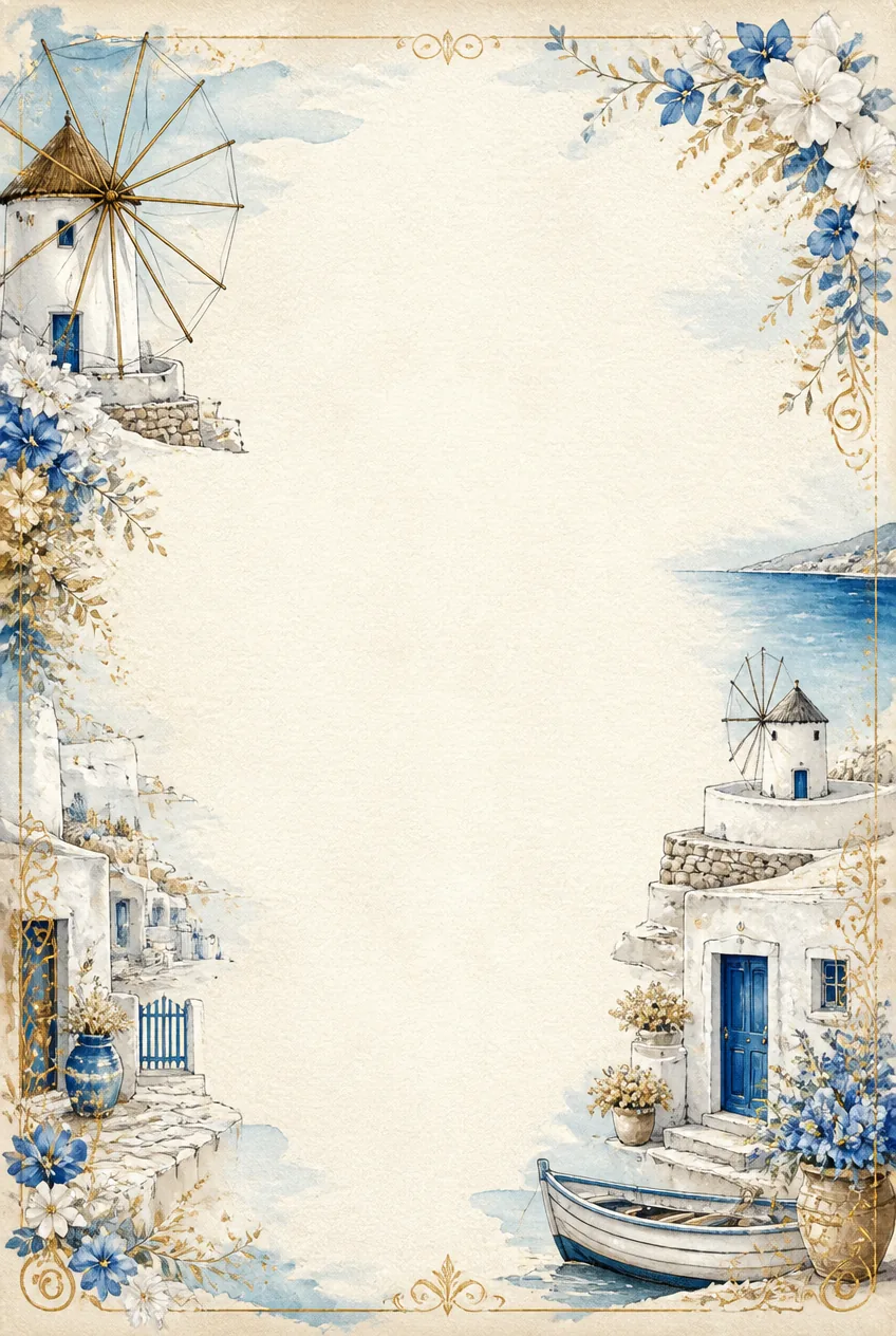Greek island page border with white stone windmills and blue doors along the Mediterranean shore.