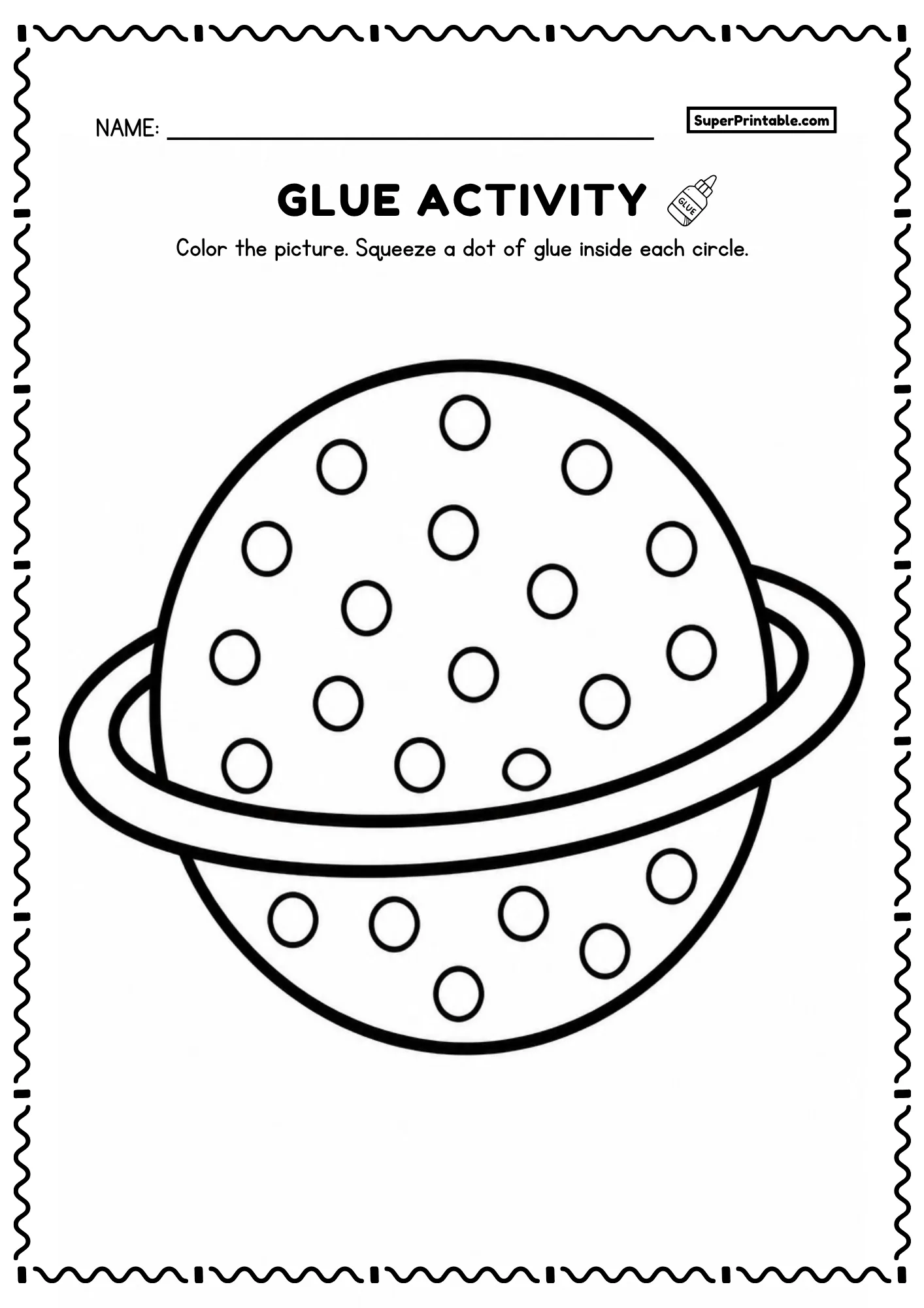 Saturn planet space dot glue worksheets activity with circles for preschool kids