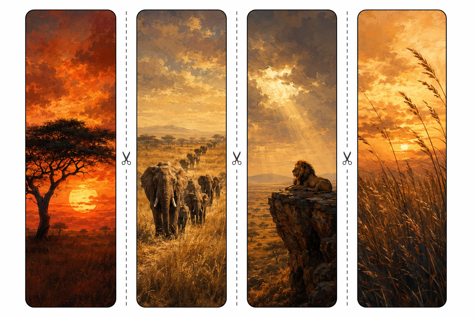 Four printable savanna bookmarks with an acacia against a fiery sunset, a herd of elephants, a lion on a rock, and tall evening grass