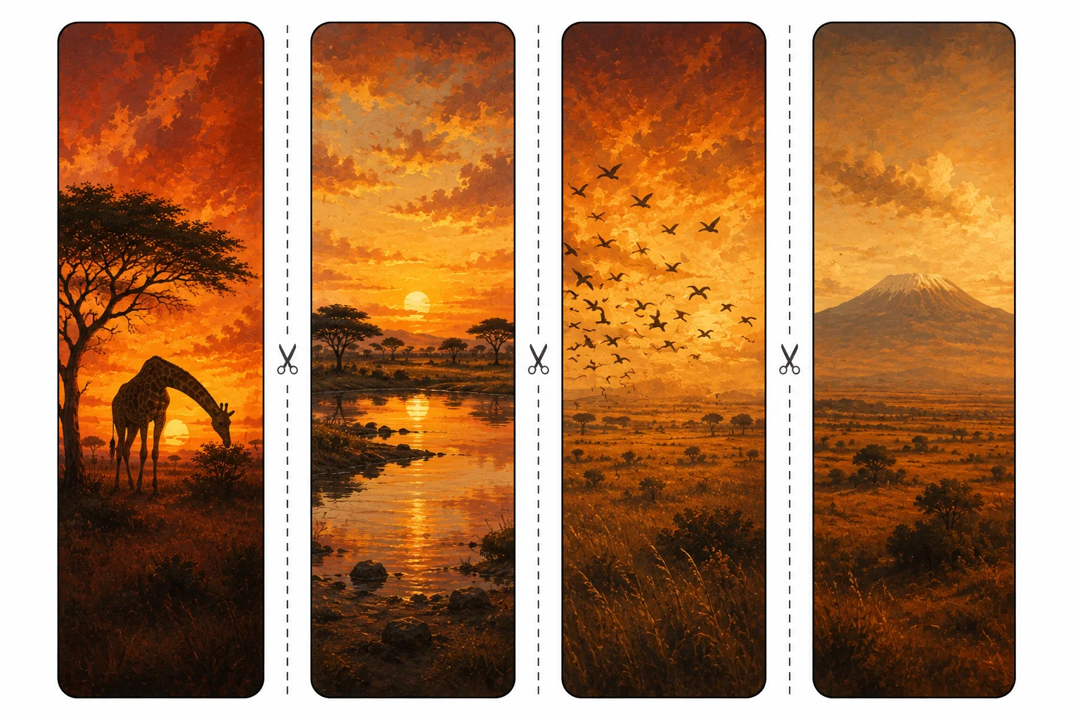 Four printable savanna bookmarks with a giraffe under an acacia, a sunset watering hole, birds in flight, and a distant mountain