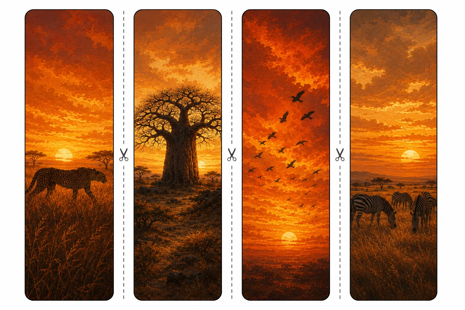 Four printable savanna bookmarks with a cheetah in golden grass, a baobab tree, birds crossing a fiery sky, and zebras grazing at dusk