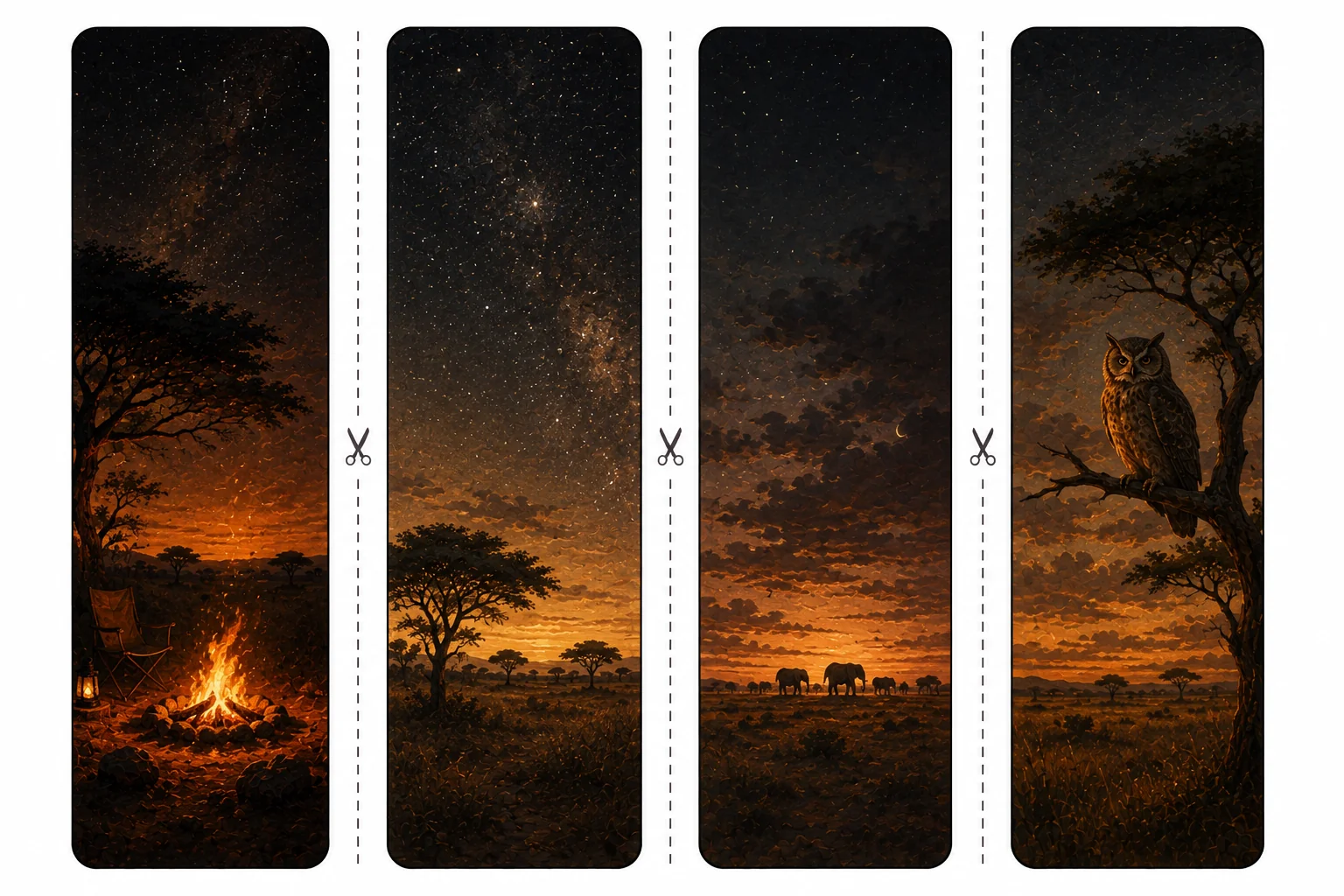Four printable savanna bookmarks with a campfire under an acacia, stars over grassland, a distant herd at dusk, and an owl on a branch