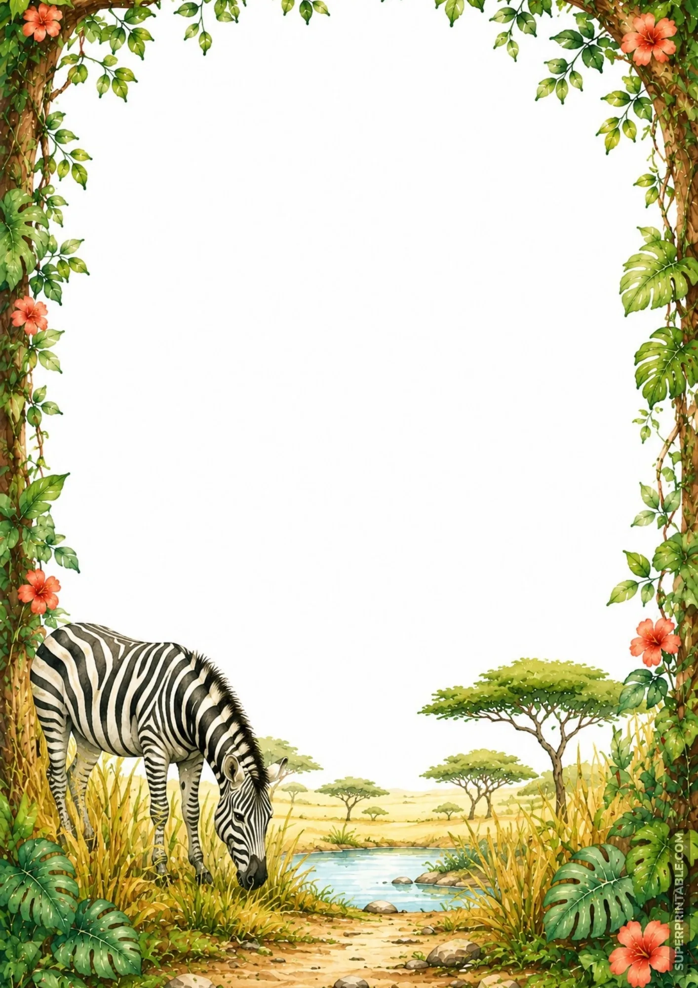 Full vine frame featuring a grazing zebra beside a watering hole in an African savannah landscape.