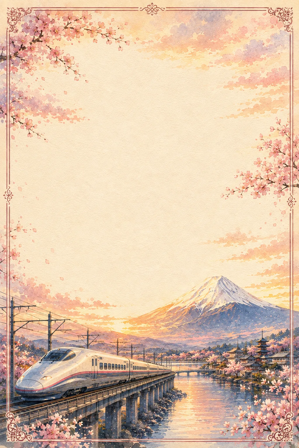 Scenic countryside train depot with stone platform wrapped in a washed watercolor frame.