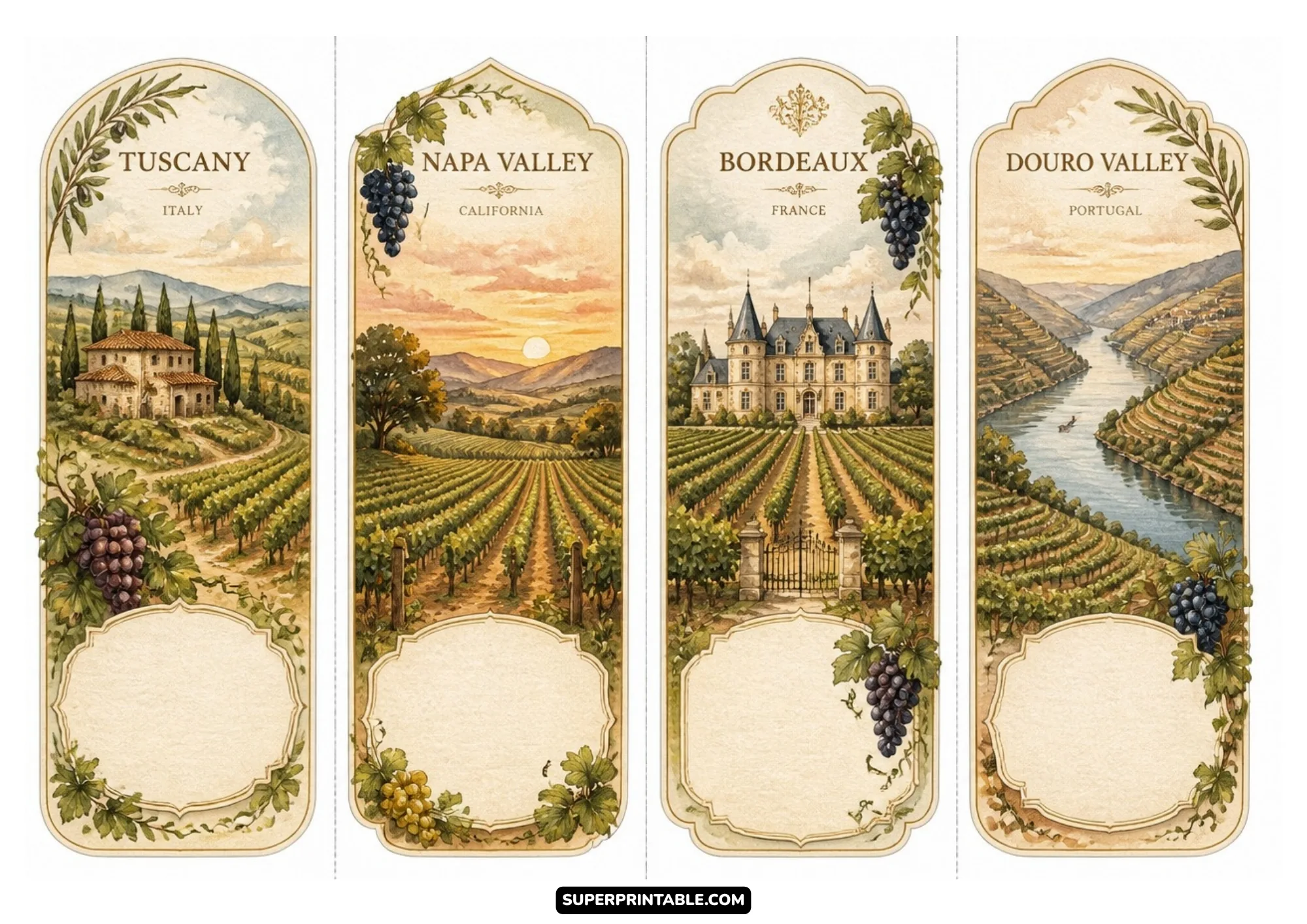 Watercolor bookmark templates illustrating famous vineyard landscapes in Tuscany, Napa Valley, Bordeaux, and Douro Valley.