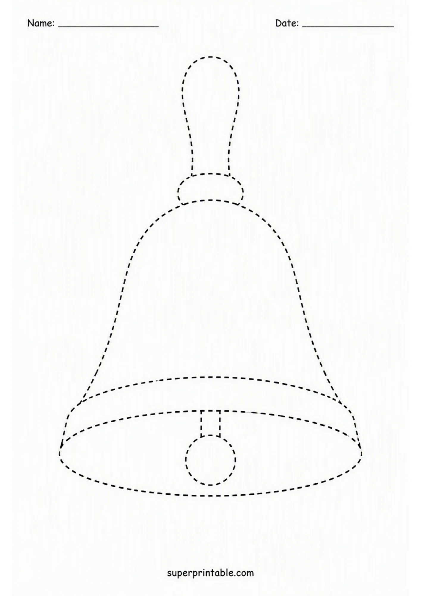 Dashed line school bell tracing printable for early childhood pre-writing skill building.