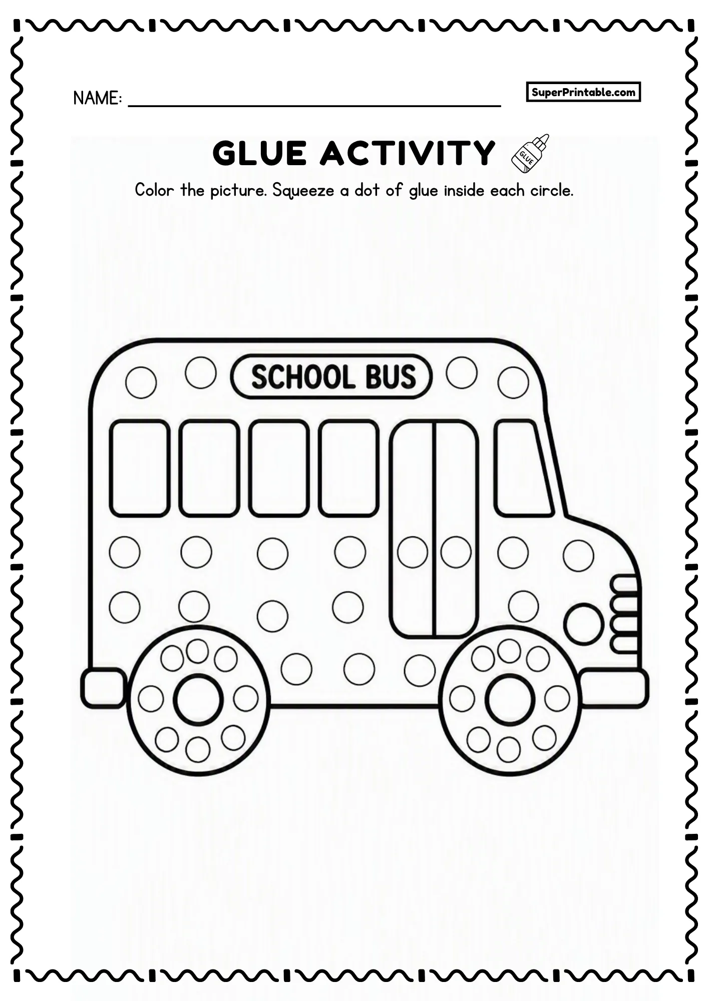School bus glue activity worksheet with circles for toddlers and preschoolers
