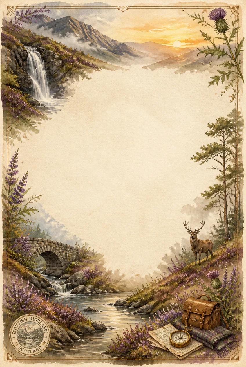 Watercolor frame of a Scottish glen waterfall with purple heather and mountain path.