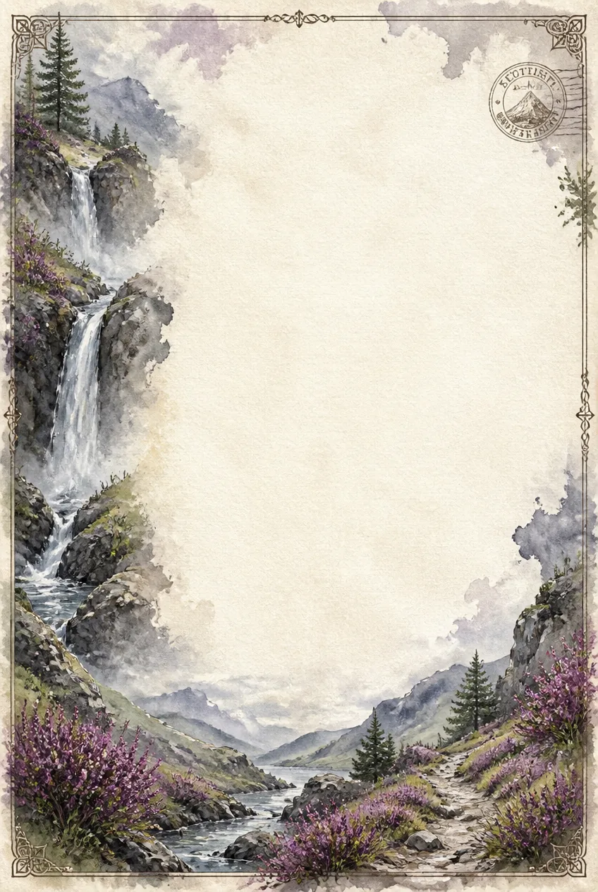 Scottish Highlands watercolor page border with waterfall, purple heather, and bird.