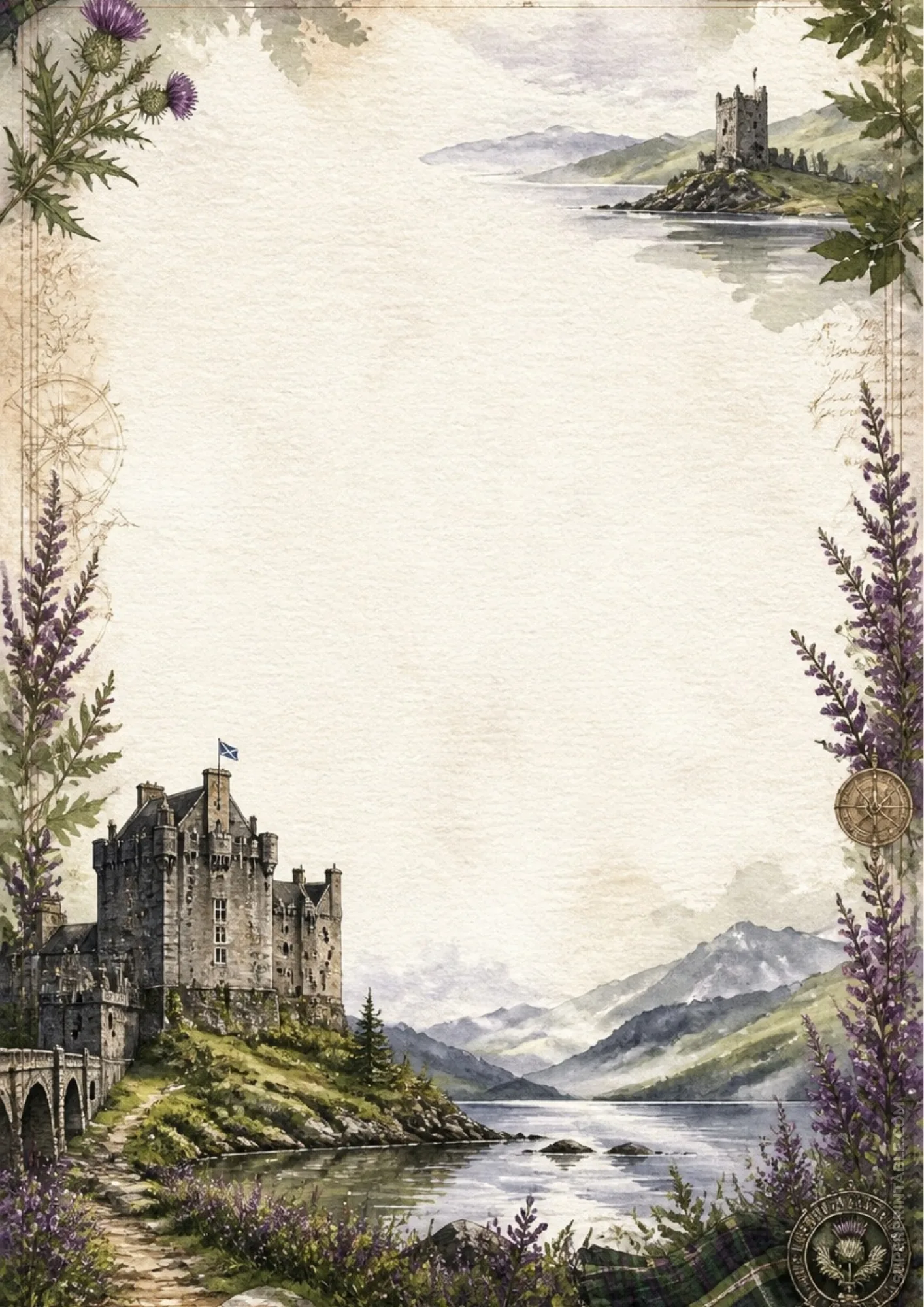 Scottish loch castle watercolor writing paper bordered by purple heather flowers and tartan accents