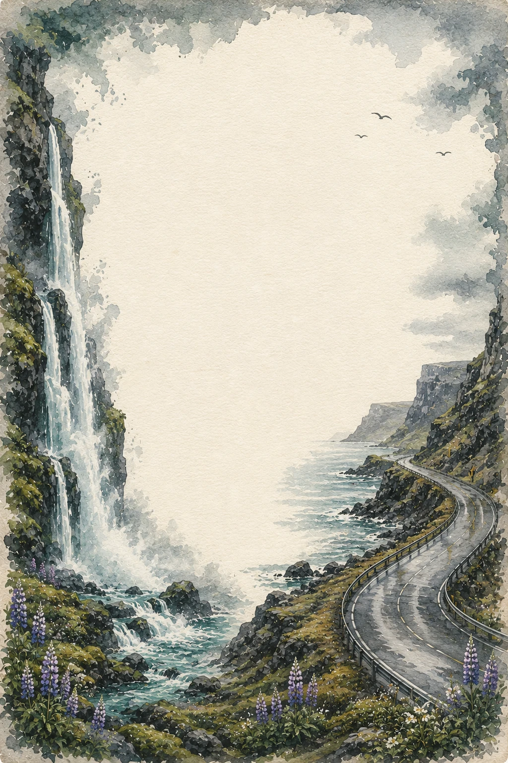 Icelandic Coastal Waterfall and Ocean Road Border Page
