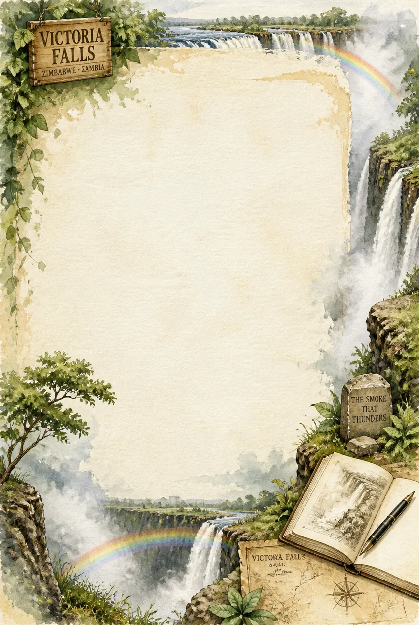 Scottish Highlands watercolor border with stag, stone bridge, and leather satchel.