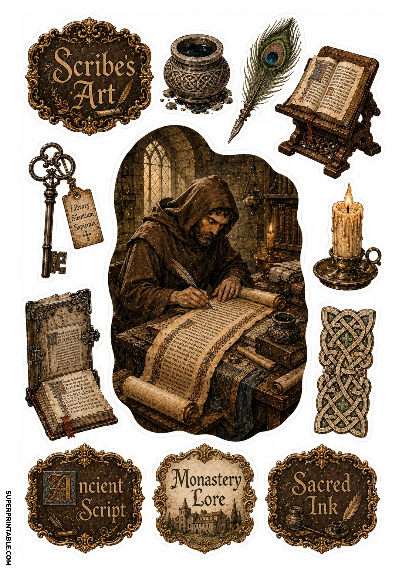 Medieval monk scribe writing illuminated calligraphy on a scroll in a quiet stone monastery scriptorium.