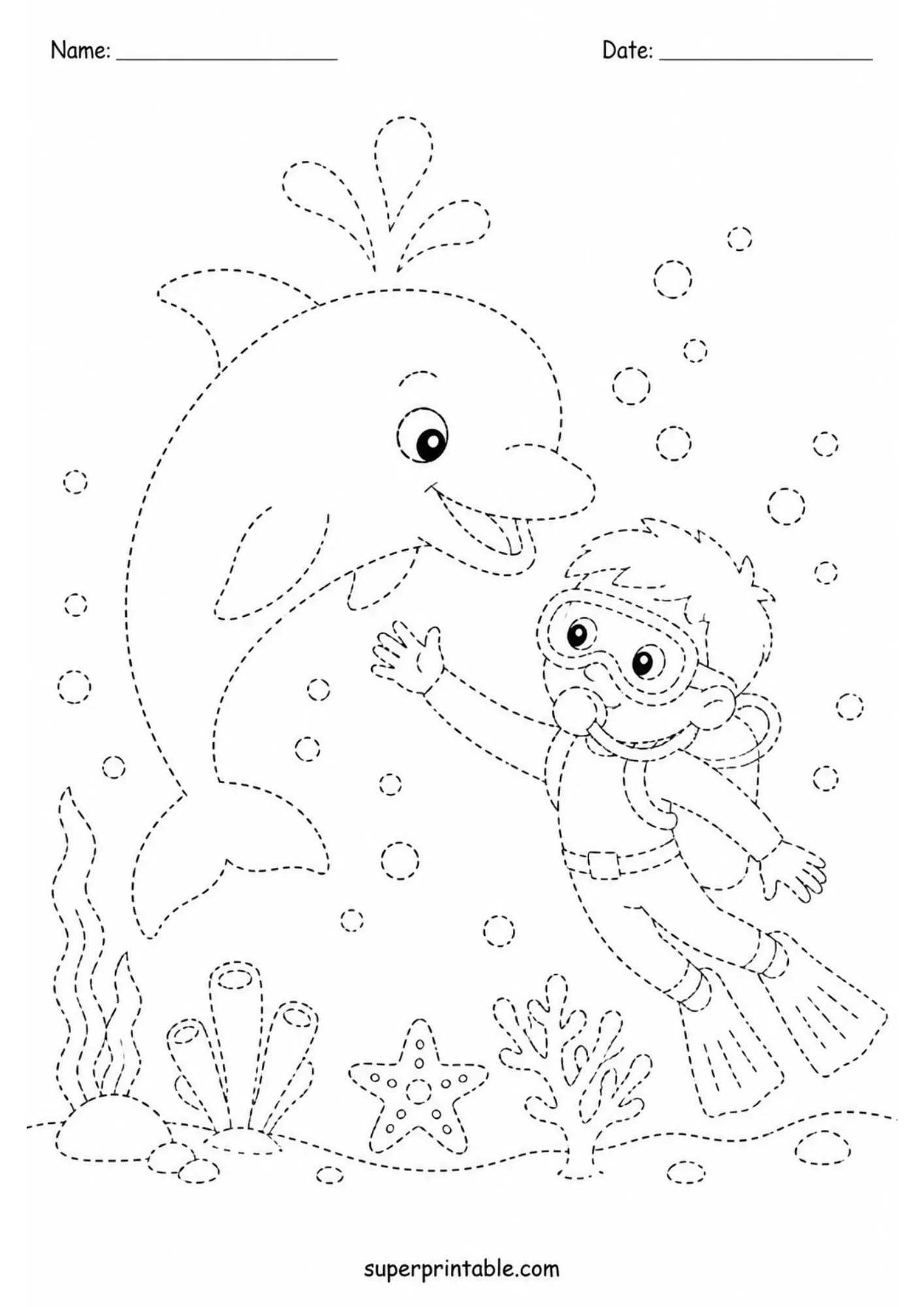 Scuba diver swimming with a friendly dolphin line tracing activity sheet set against seabed plants and starfish.