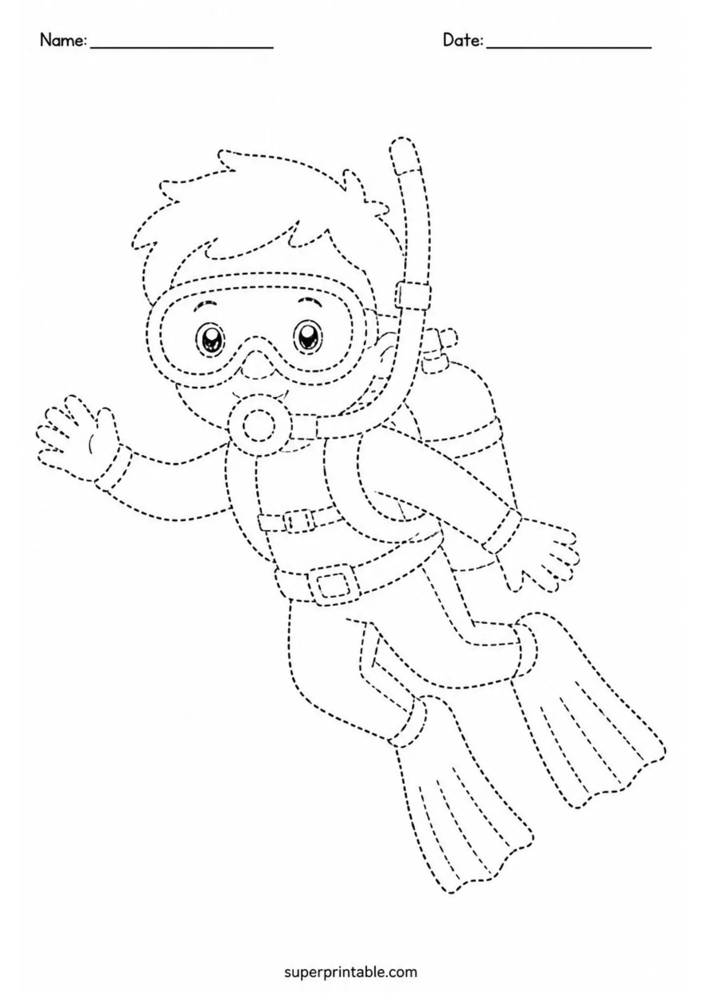 Fun scuba diver boy tracing page included in aquarium visit activity worksheets for kids.
