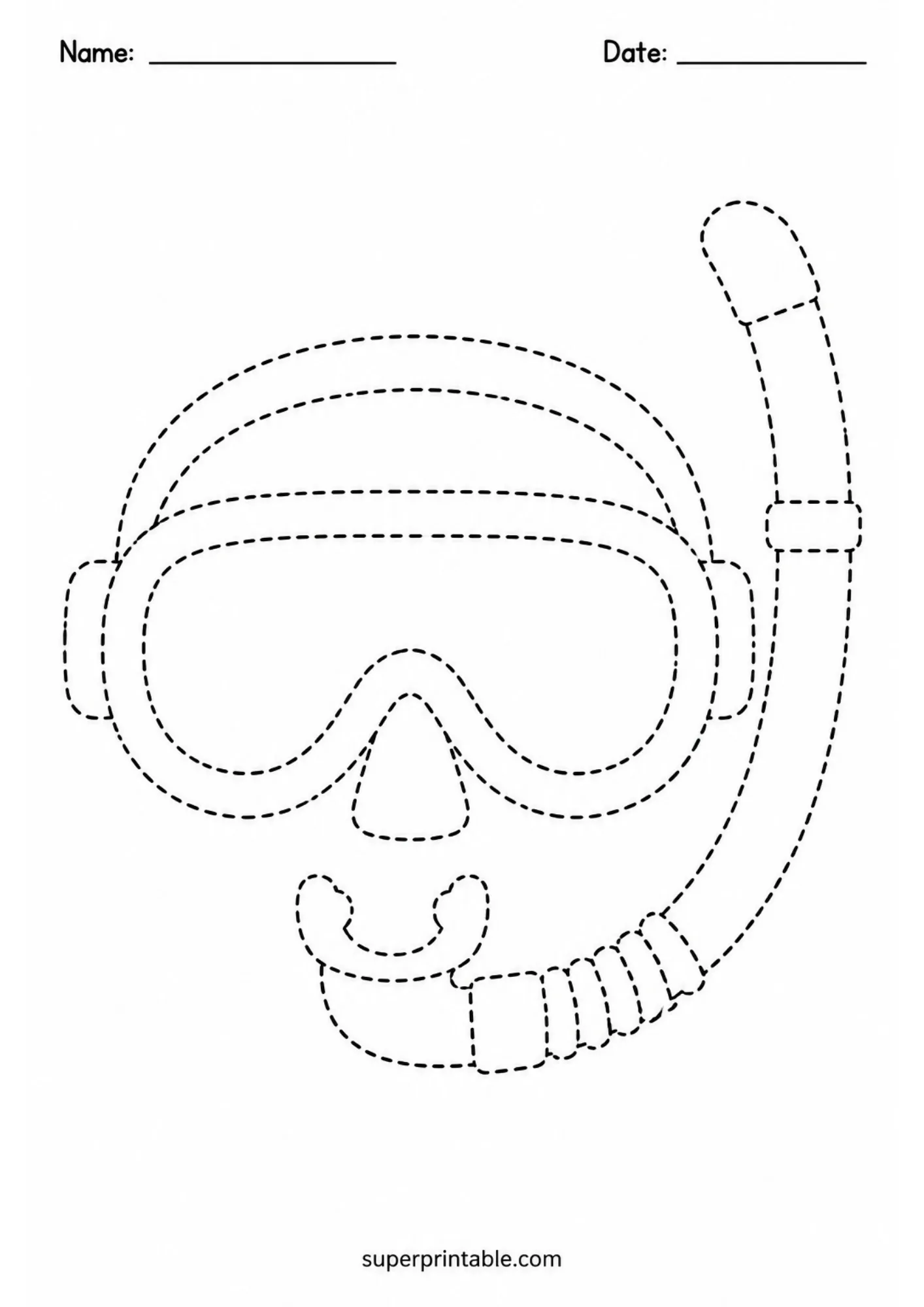 Scuba mask and snorkel dashed line tracing worksheet designed for pre-writing practice and ocean gear activity.
