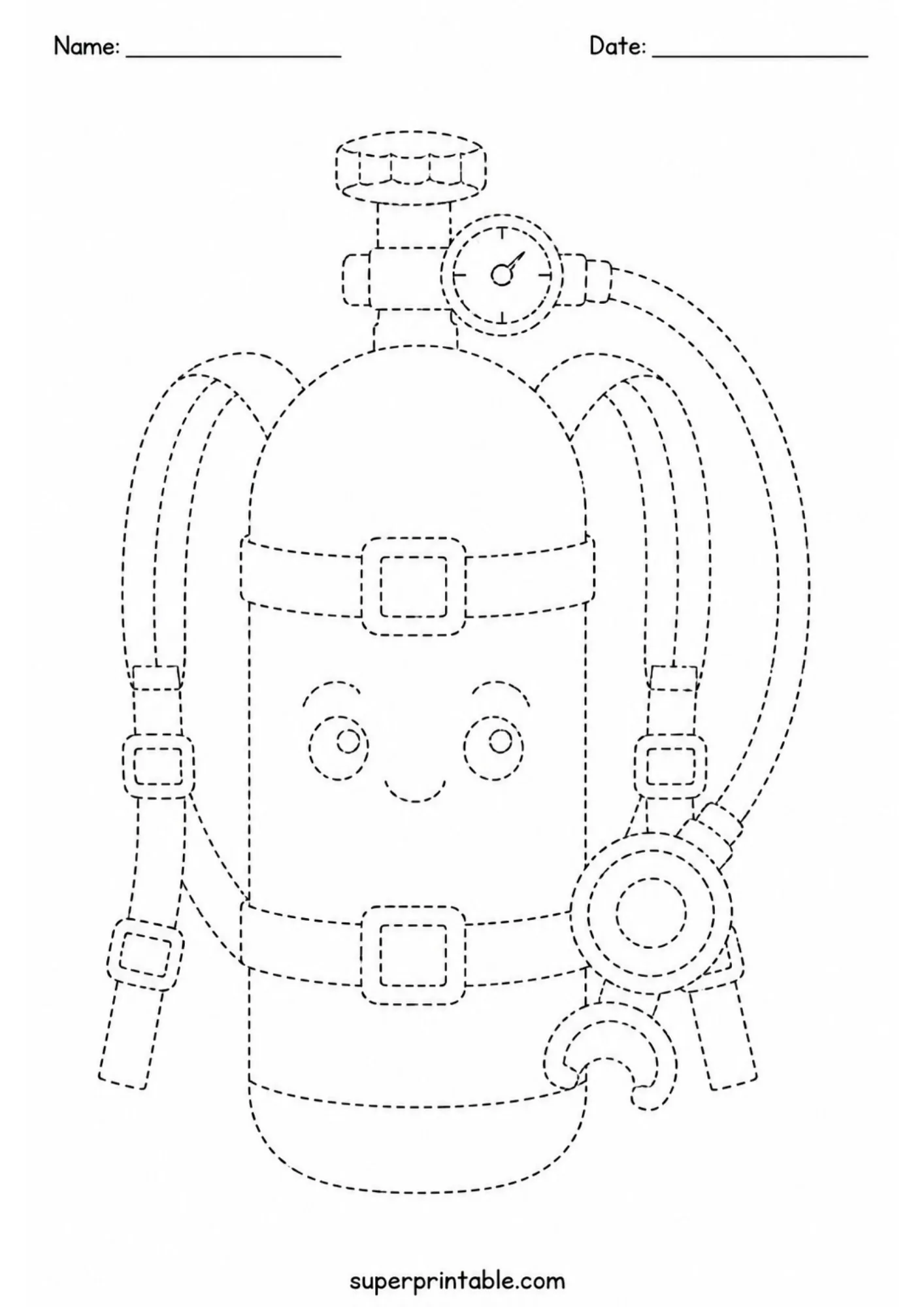 Scuba oxygen tank tracing printable page with cute face details, backpack straps, and a pressure gauge line art.
