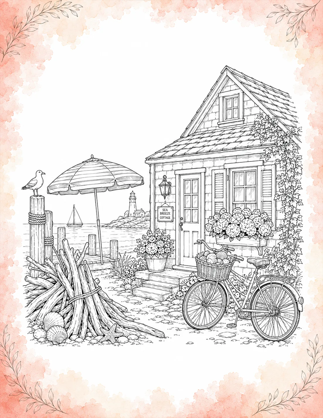 Beachfront coloring page featuring Sea Breeze Cottage, a vintage bicycle, a bundle of driftwood with seashells, an umbrella pier, and a lighthouse framed in pink watercolor.
