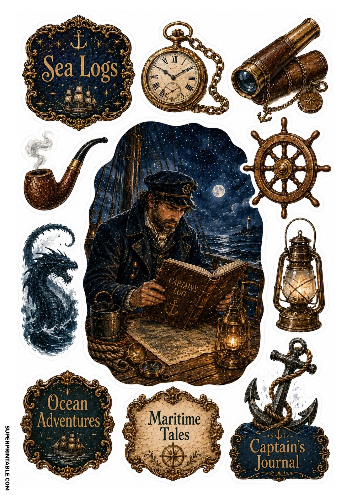 Sea captain reading his logbook on a ship deck at night with brass telescope, compass, and anchor.