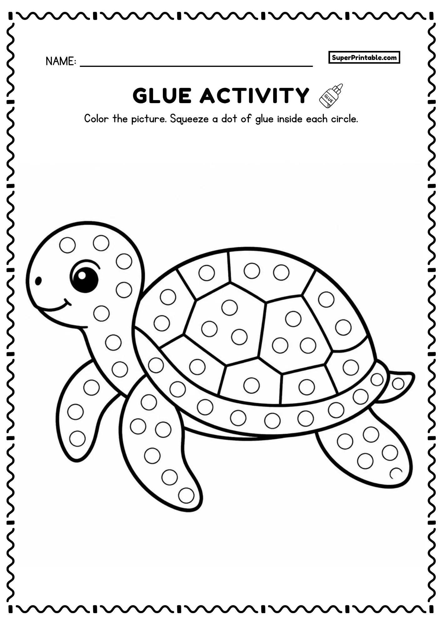 Sea turtle with patterned shell printable glue worksheet with flipper legs and dot circles