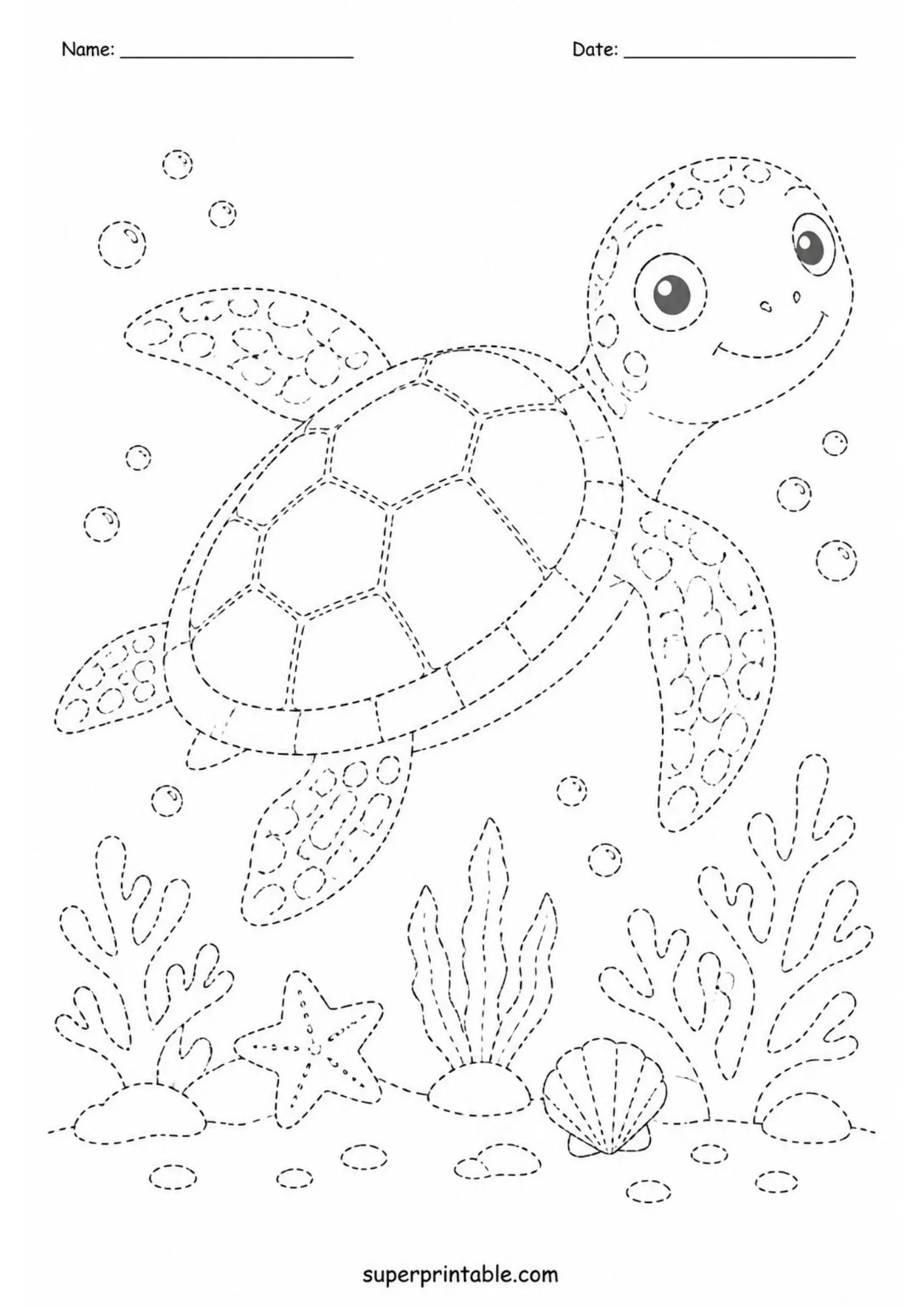 Printable sea turtle tracing page featured in aquarium visit activity worksheets for kids.