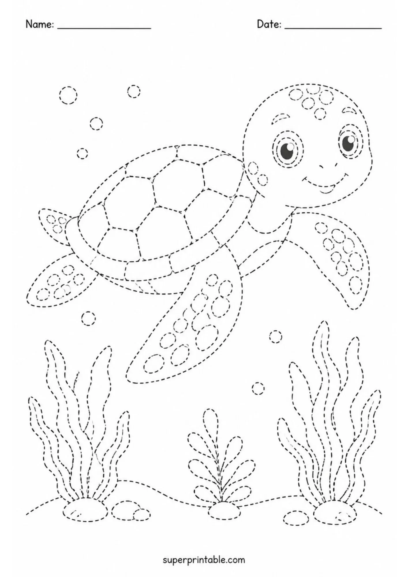 Cute sea turtle swimming among seabed seaweed tracing printable sheet for early childhood line tracing skills.