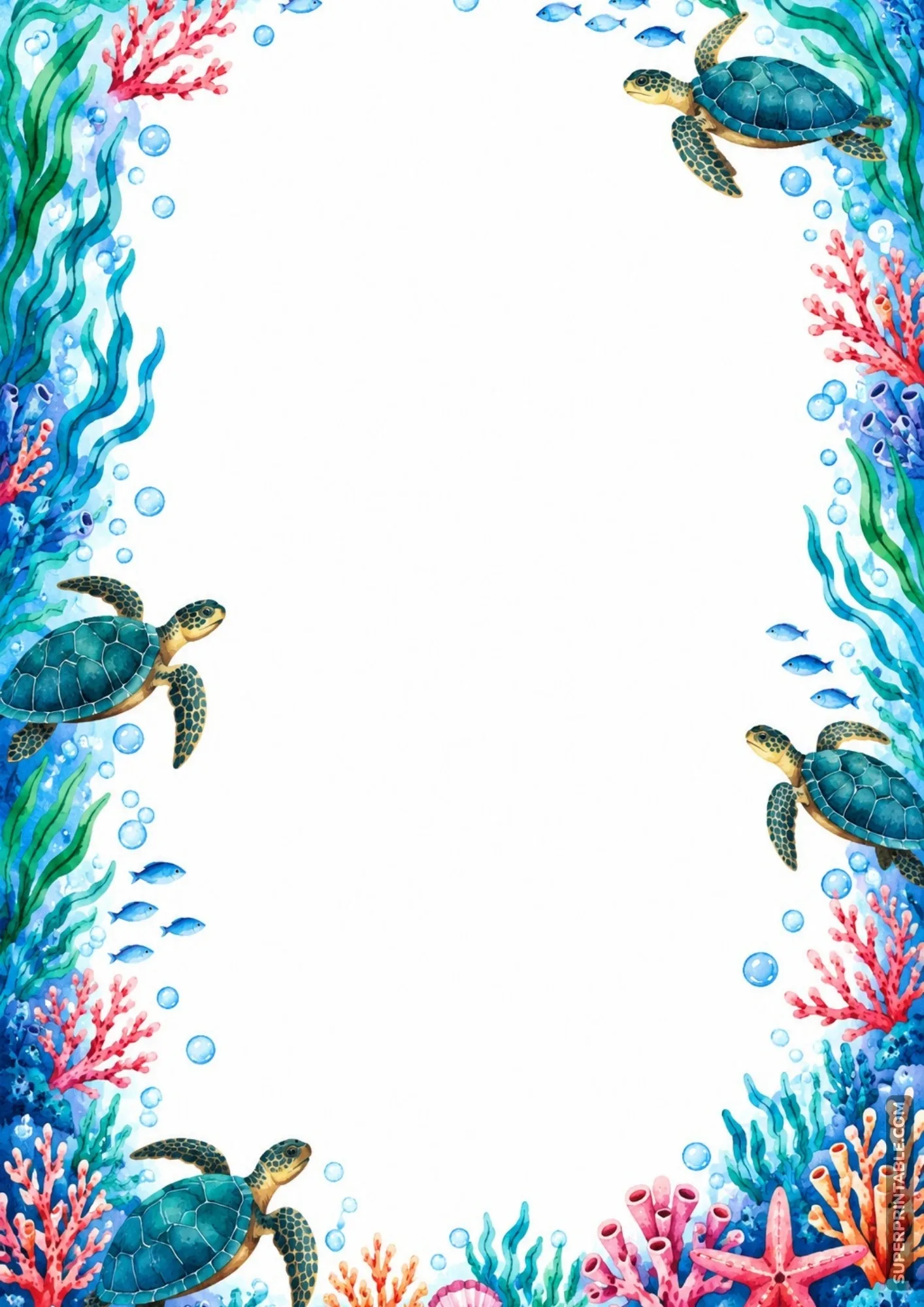 Aquarium colored border pages featuring sea turtles and vibrant coral reefs.
