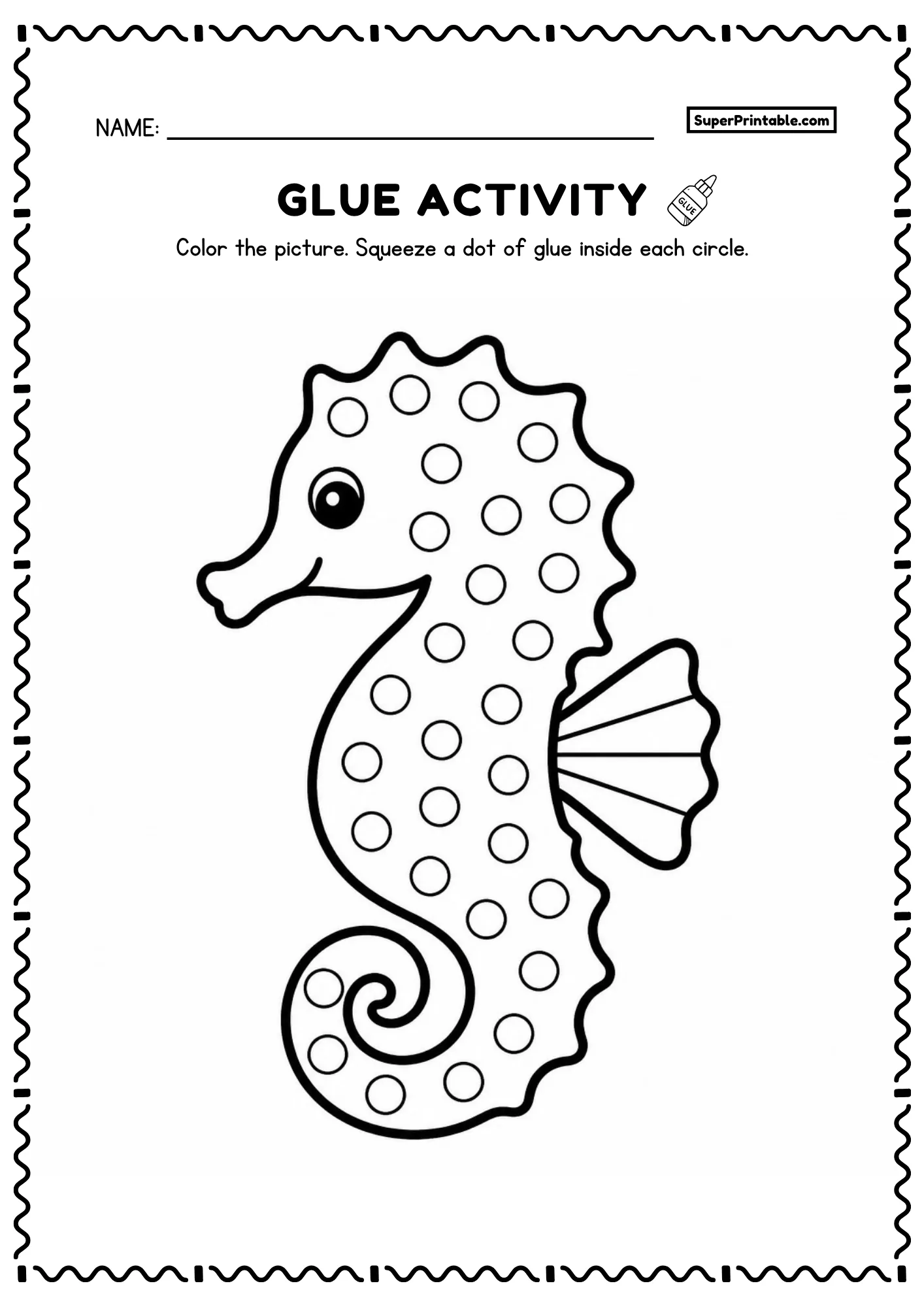 Tall seahorse printable glue worksheet with curled tail and fan fin and dot circles for toddlers