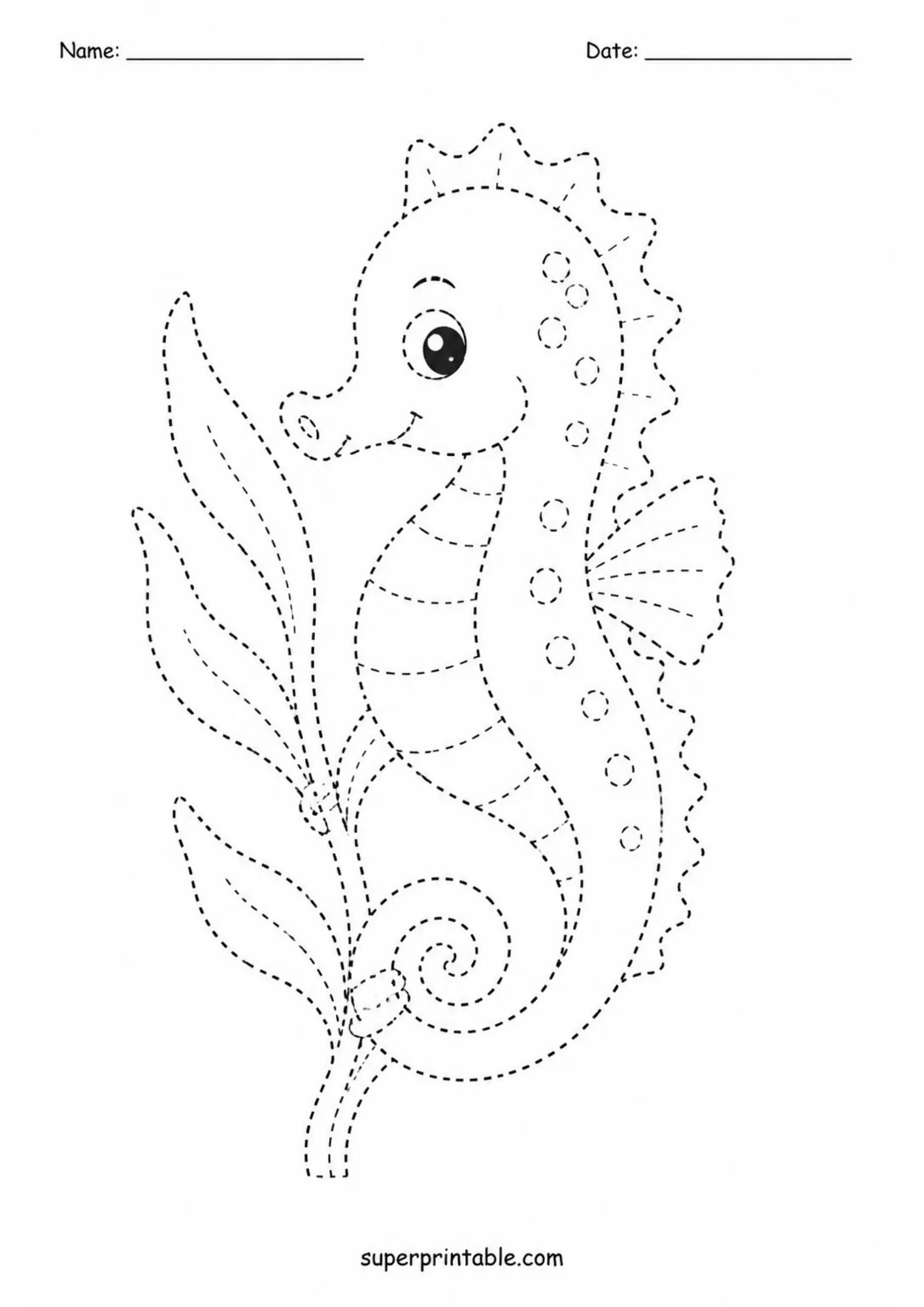 Seahorse wrapped around seaweed tracing worksheet for early childhood line tracing.