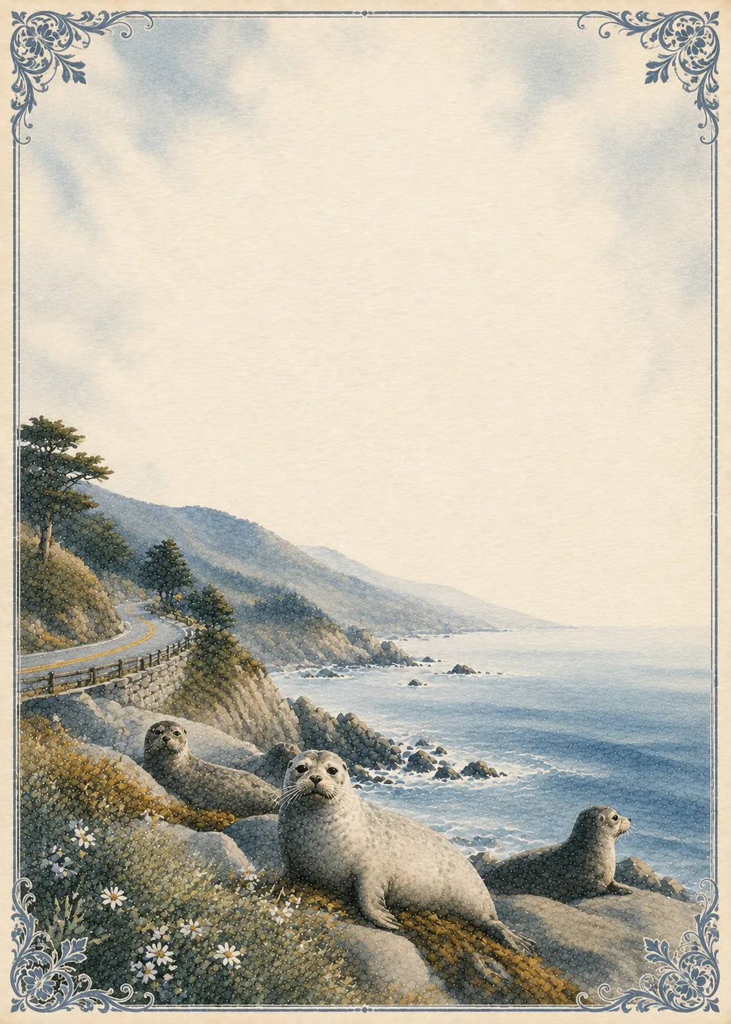 Three seals resting on rocky ground along a coastal cliff overlooks ocean waters.