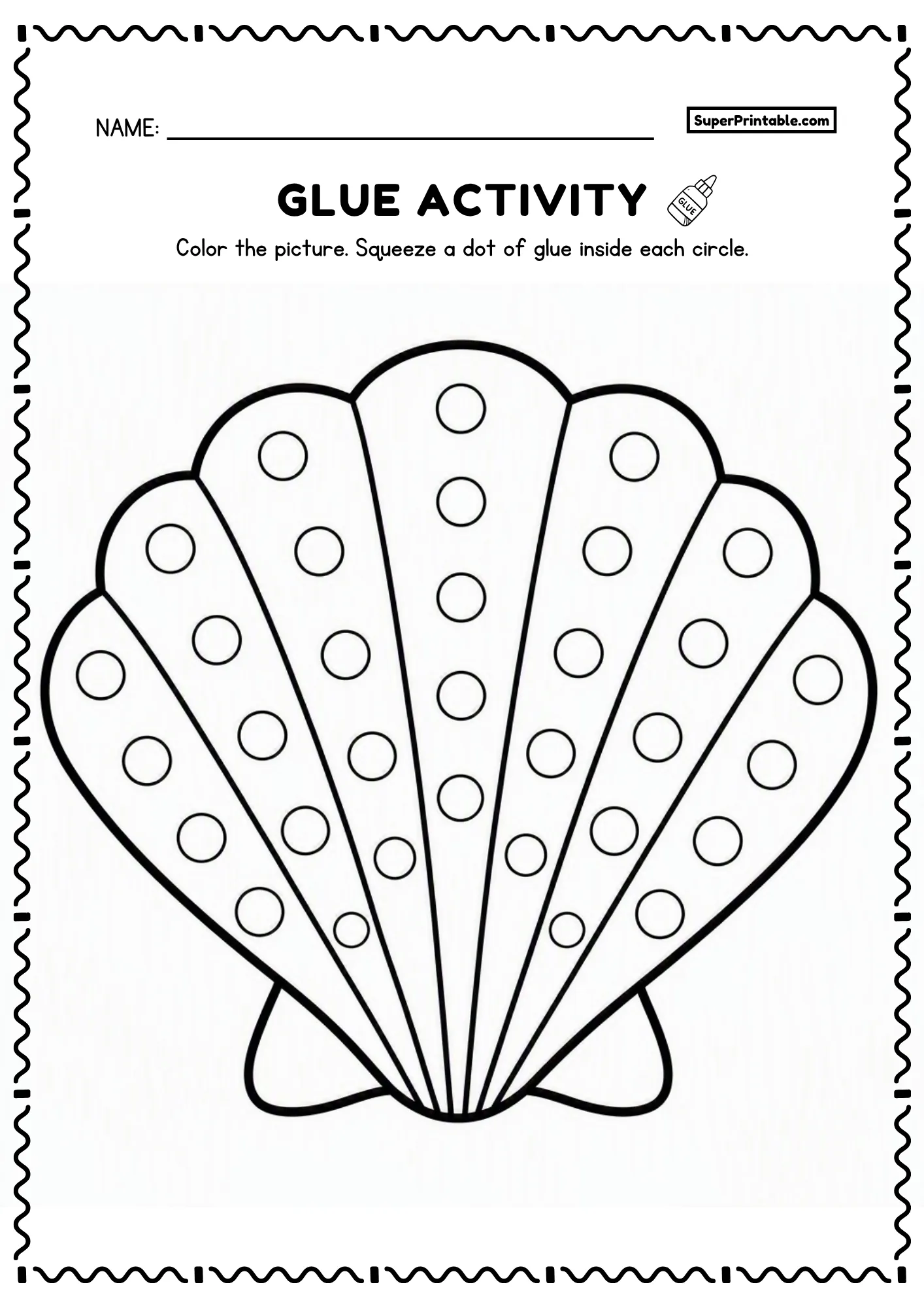 Fan seashell printable glue worksheet with radiating ridges and dot circles for kids