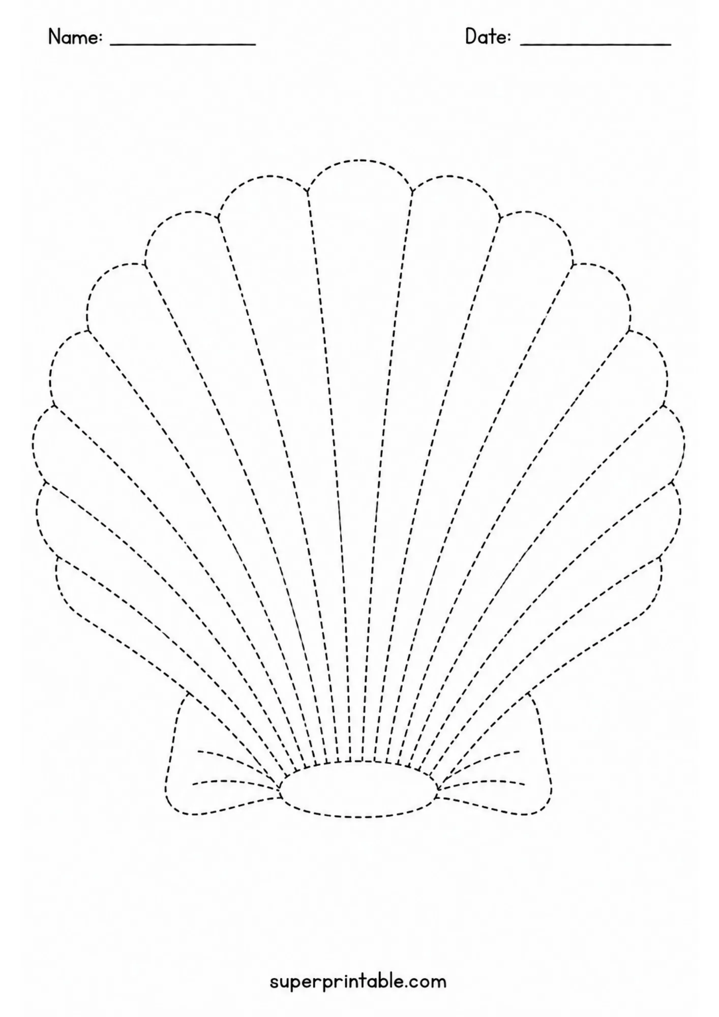 Printable sea shells beach worksheets featuring a fan-shaped scallop shell line art.