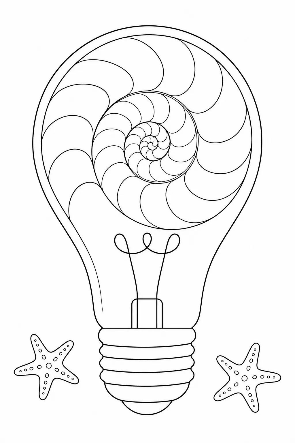 Nautilus shell spiral pattern inside a light bulb top accompanied by starfish on the ground.