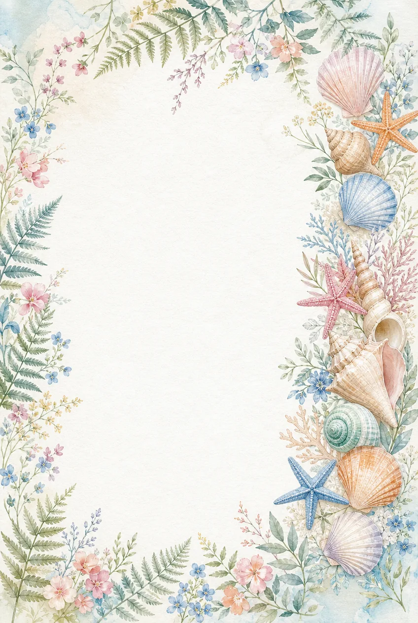 Pastel coastal border with seashells, starfish, coral, ferns, pink flowers, and blue blossoms