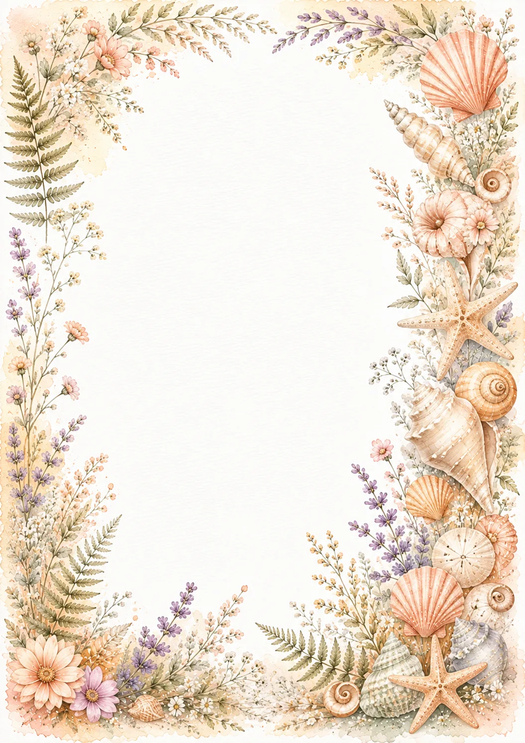 Coastal watercolor border with pastel seashells, starfish, lavender, ferns, and flowers