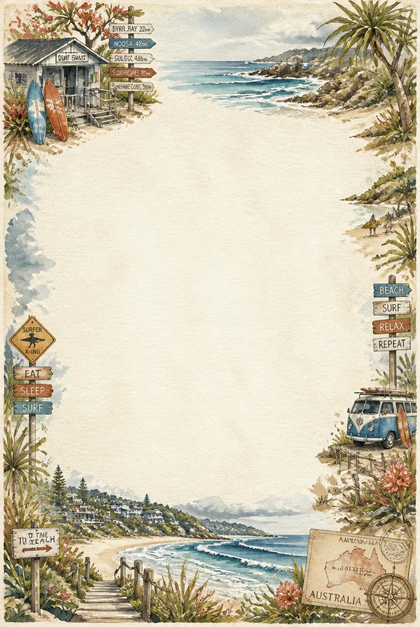 Coastal promenade buildings and ocean views watercolor frame around an open note page.